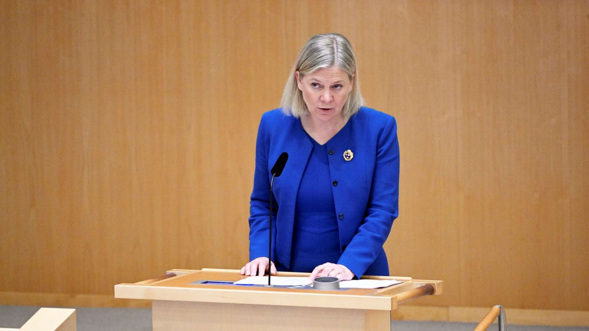 Statsminister Magdalena Andersson (S) under  riksdagsdebatten om ett svenskt NATO-medlemskap.

