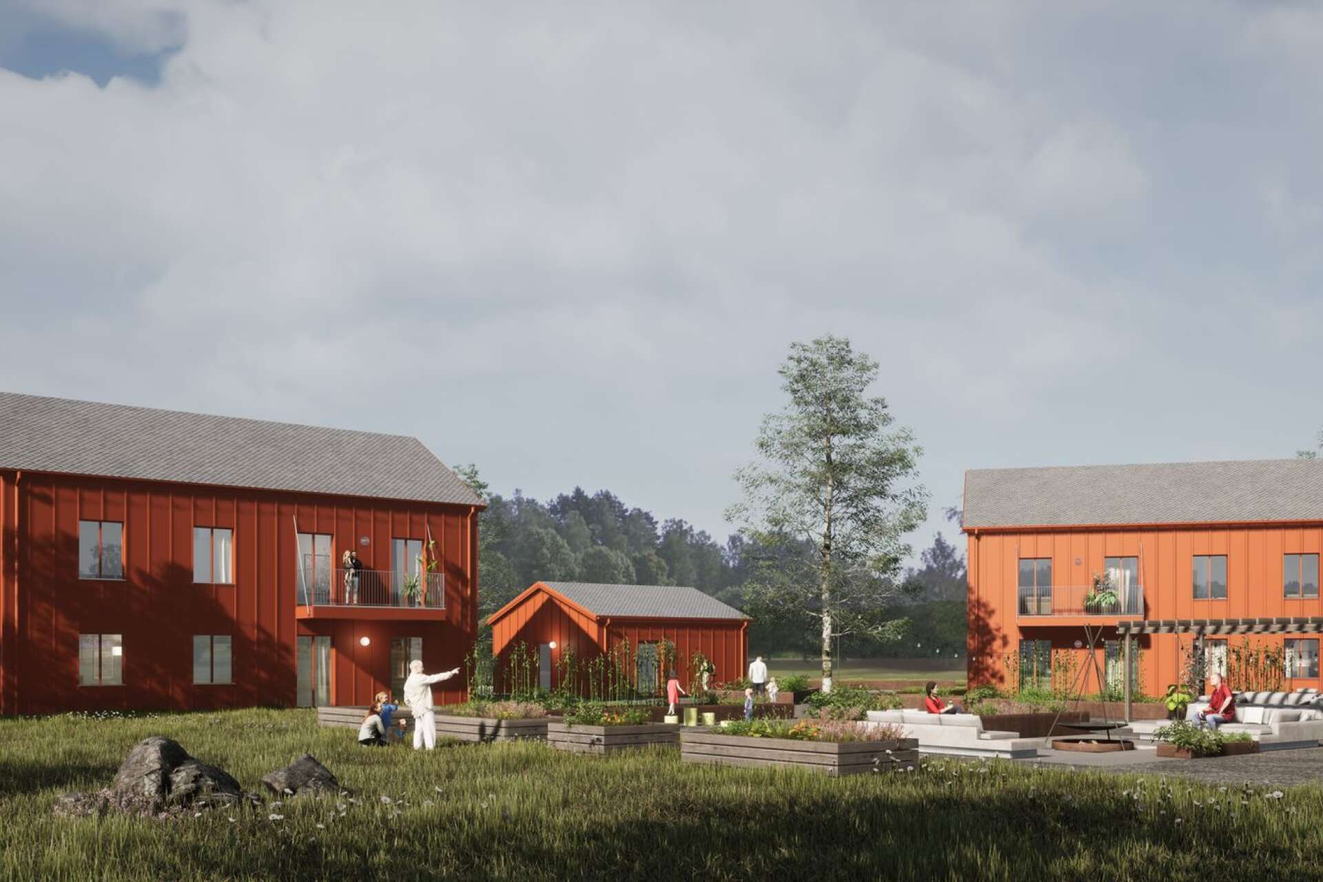 Så här kommer de fyra hyresrätterna se ut som Skanska ska bygga i Älvenäs. Där har byggnaderna utformats med inspiration av den traditionella Värmlandsgården.