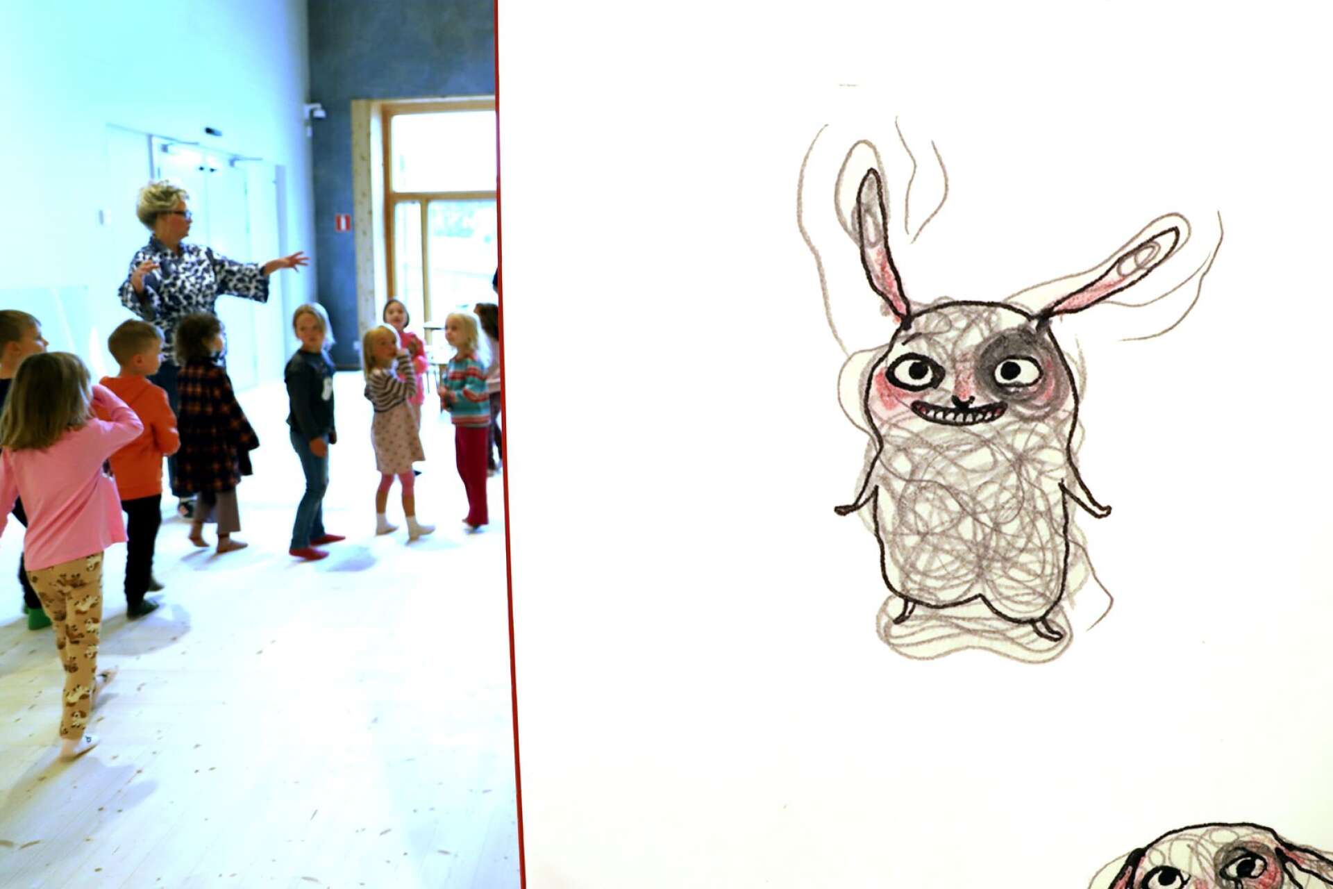 Stina Wirsén har mycket energi och schvung i linjerna, oavsett om hon tecknar mode eller som här en känsloladdad barnboksfigur. Utställningen visas 18 september till 9 januari.