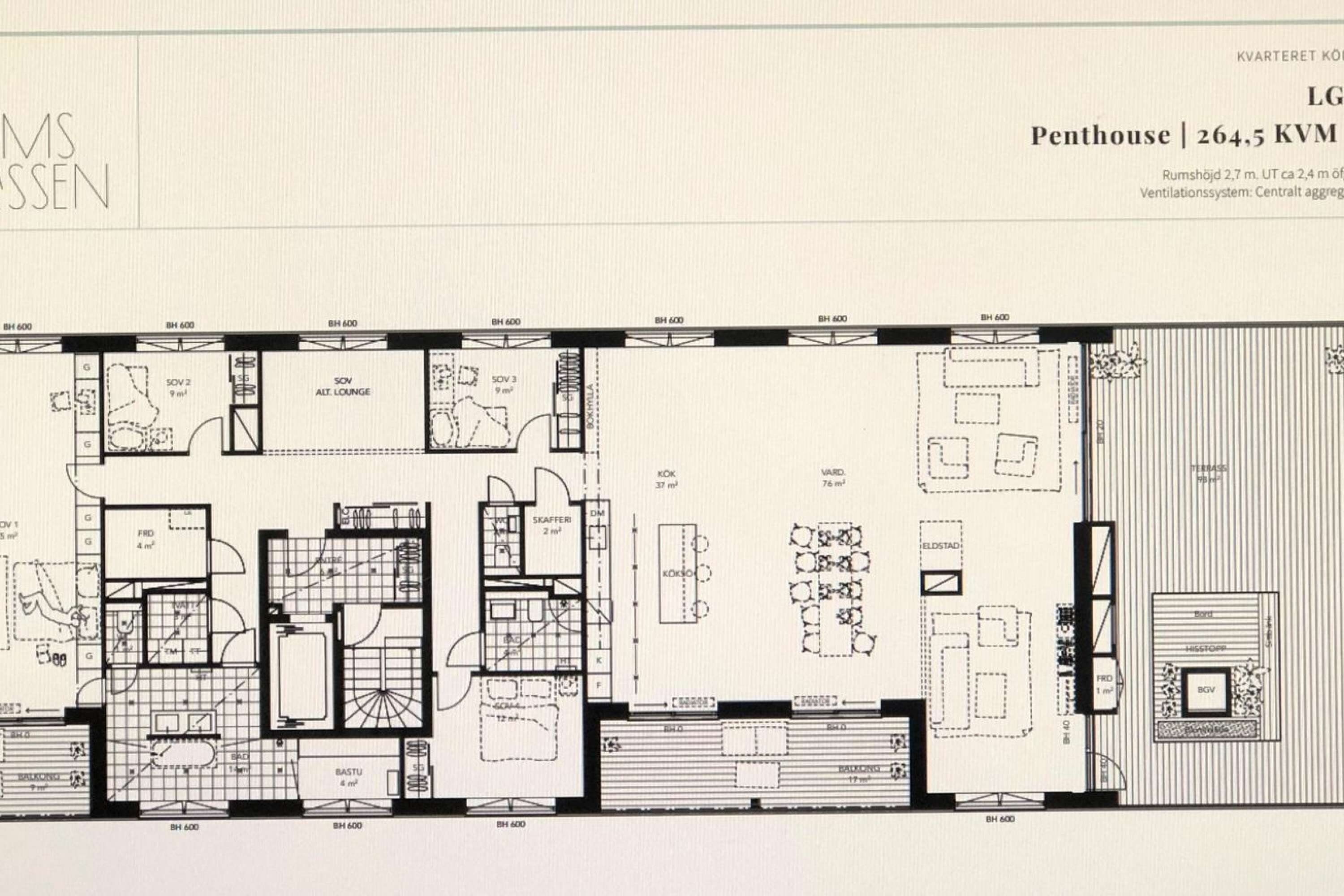 Så här kommer den nya sjurumslägenheten på 264,5 kvadratmeter utformas. Den innehåller bland annat ett vardagsrum på 76 kvadratmeter och ett kök på 37 kvadrat. Utanför dessa ytor finns det en hela 98 kvadratmeter stor terrass.