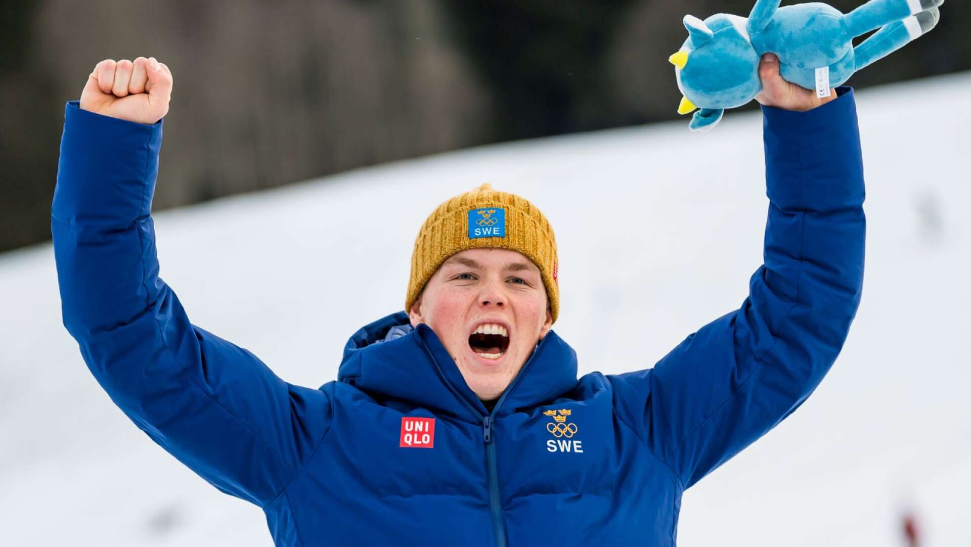17-årige Adam Hofstedt från Karlstad jublar efter att ha tagit andra guldet på världsungdoms-OS i alpint i Lausanne. Nu i slalom.