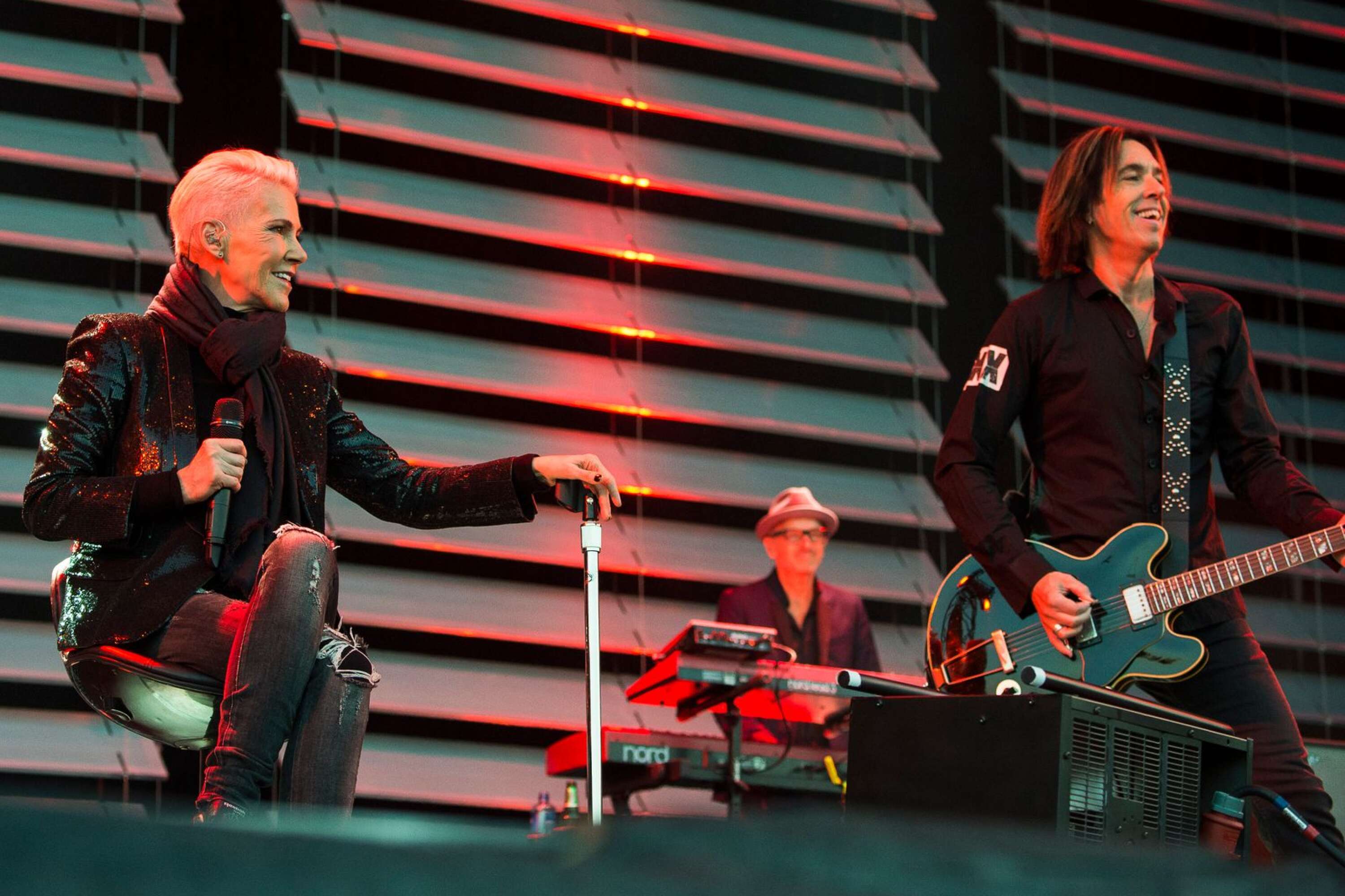 Marie Fredriksson och Per Gessle i Roxette under bandets konsert på Fredriksskans i Kalmar i juli 2015. Arkivbild.