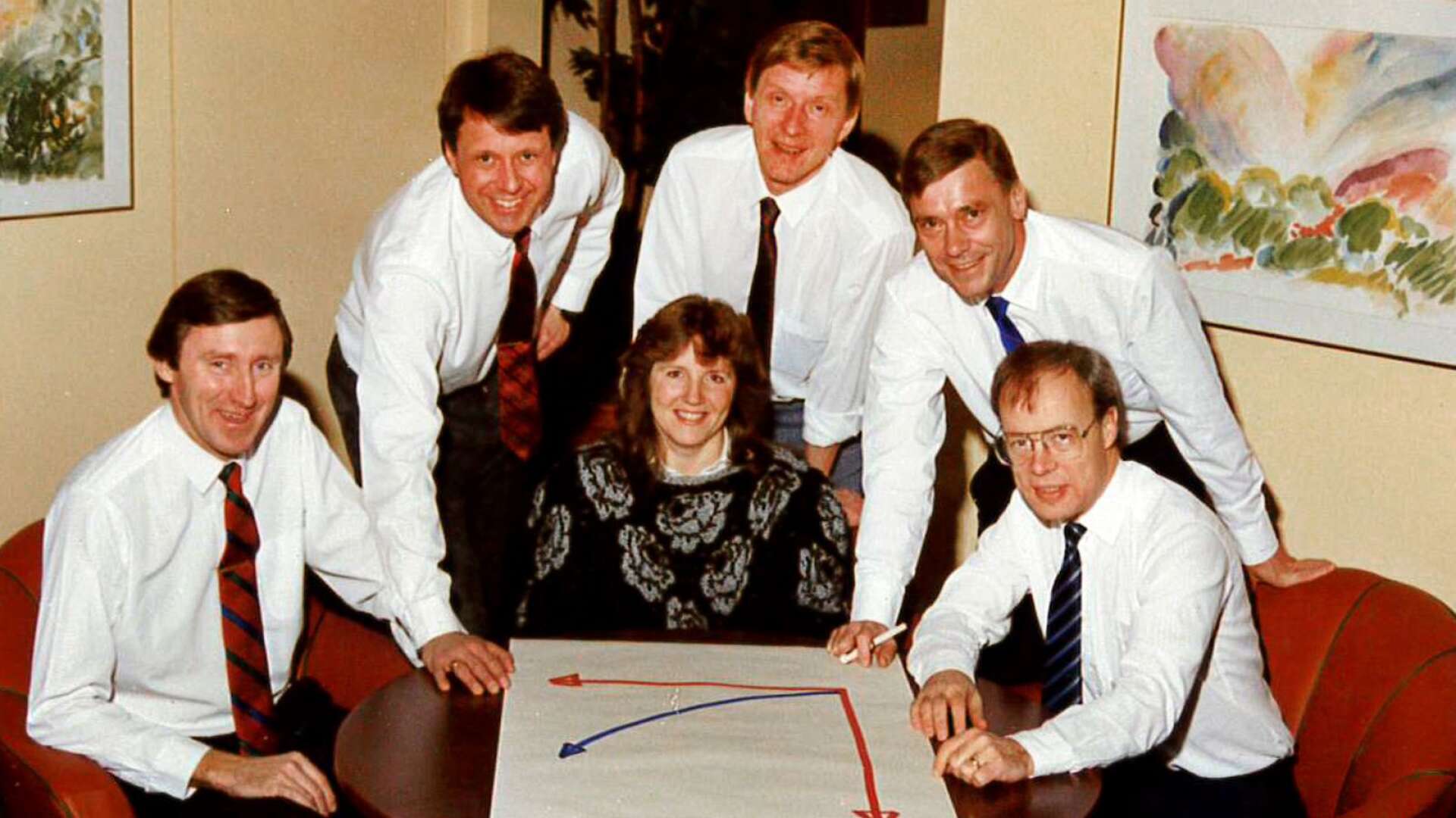 Det var de här personerna som 1989 startade Effect Management. fr. v.  Jan-Sture Larsson, Thomas Sigfridson, Ann Johnson, Thomas Säterhed, Olle Biörklund och Urban Hermansson.