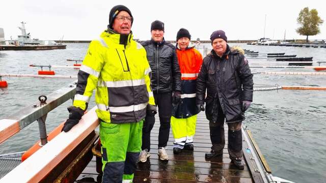 Årets hamnarbete i Hjo hamn blev en blåsig och kylslagen historia. Här ses några av medlemmarna i Hjo Fiske- och båtklubb som slöt upp.