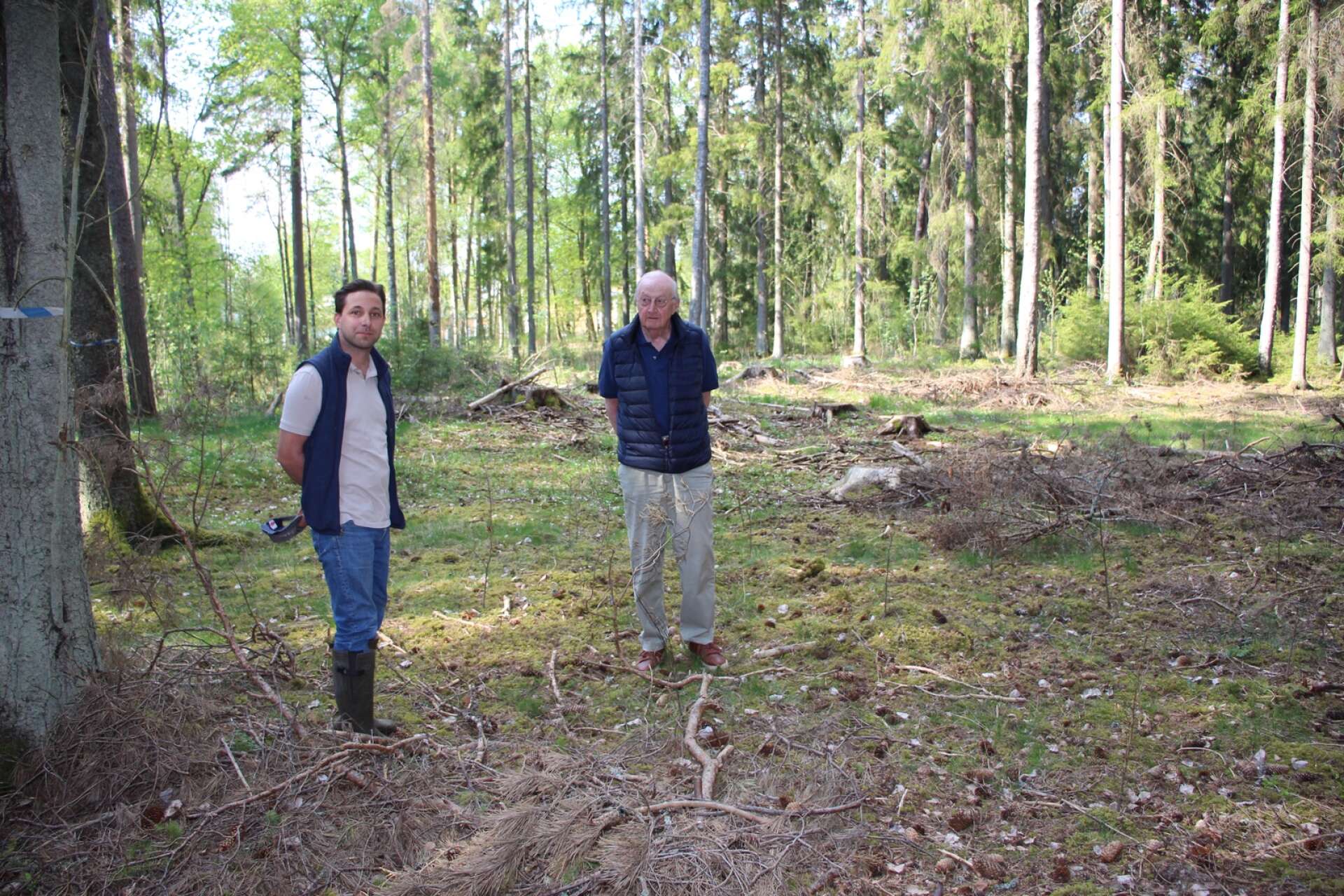 Johan och Christian Sundby testar en annan form av avverkning i skogen bakom gården. 