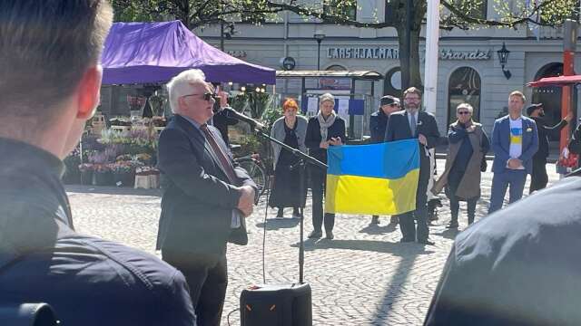 Litauens ambassadör Giedrius Čekuolis talar i Karlstad. I bakgrunden hålls den ukrainska flaggan av Lettlands ambassadör Ilze Rūse och Estlands ambassadör Margus Kolga.