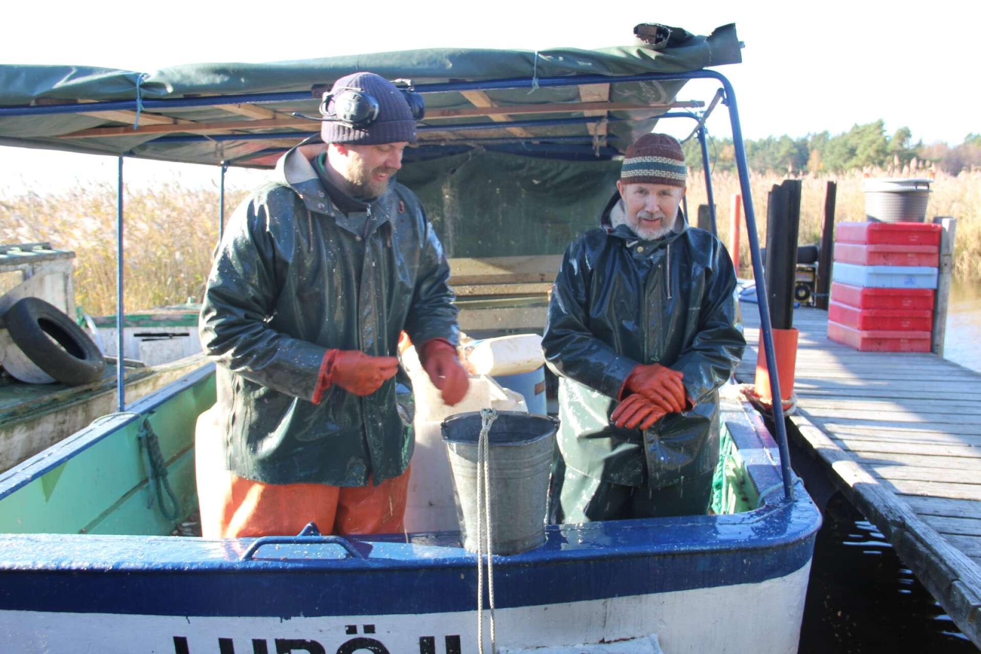 När näten är rena från fisk vaskar Björn och Sven av sig med lite sjövatten innan arbetet fortsätter. 