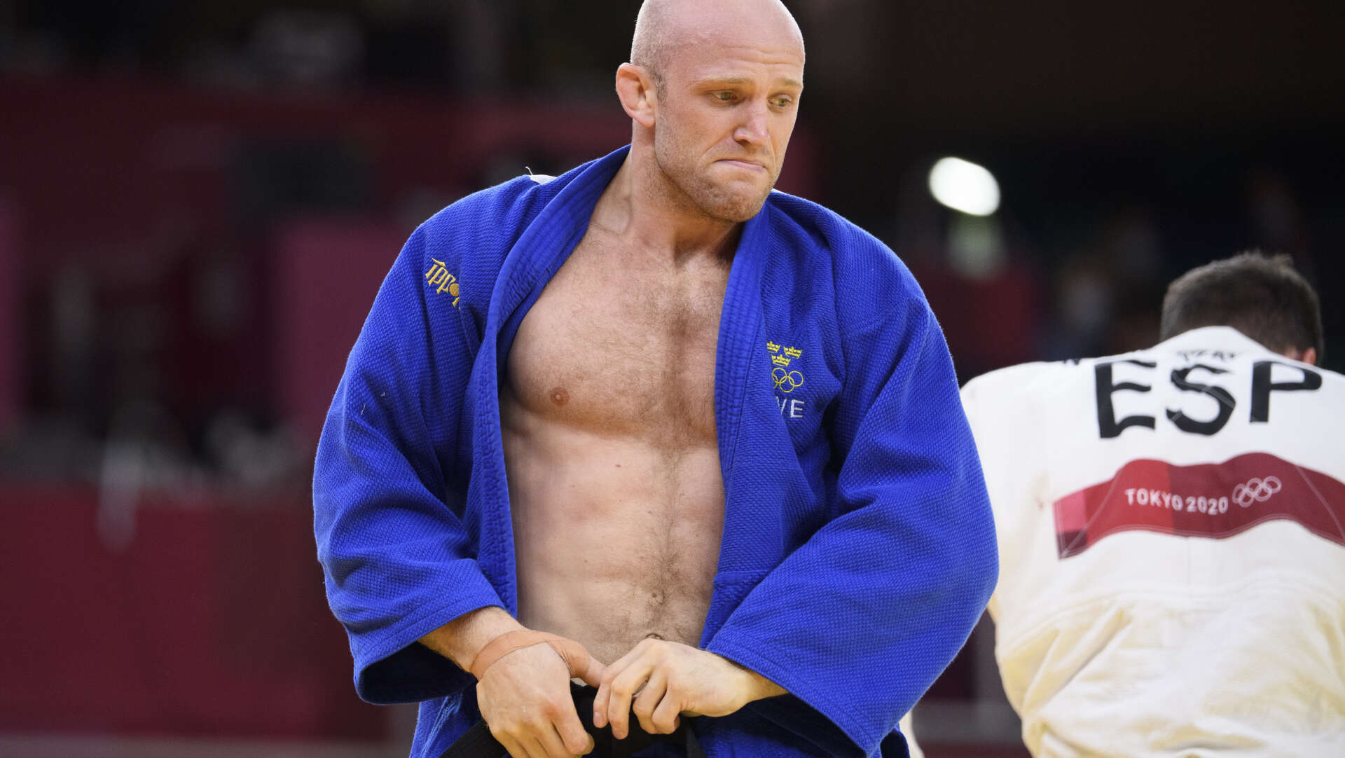 Judokan Marcus Nyman efter att ha blivit utslagen i åttondelsfinalen mot Nikoloz Sherazadishvili, Spanien.