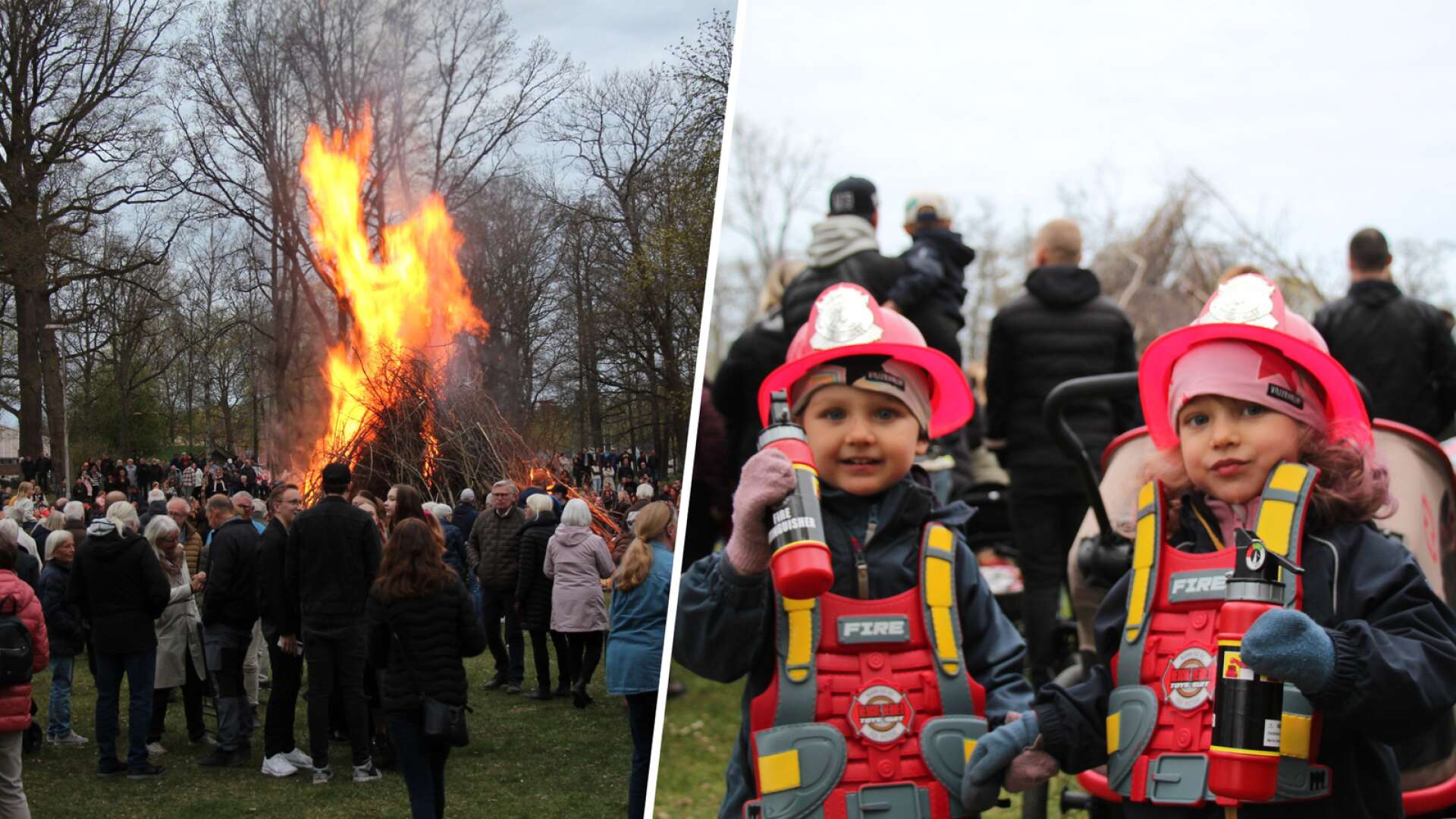 Tvillingarna Oliwer och Lukas är 3,5 år var klädda i brandkårsuniform vid valborgsmässoafton i Alhagen.