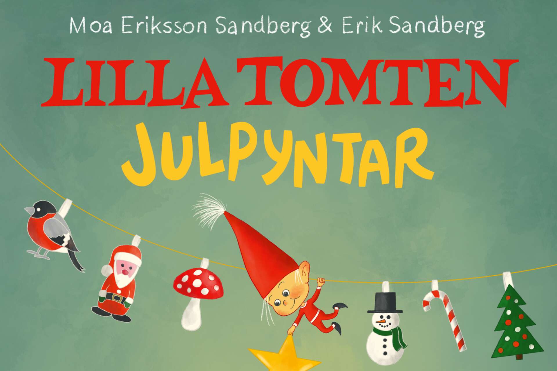 En liten tomte har fullt sjå inför julen i Moa Eriksson Sandberg (text) och Erik Sandbergs (bild) bok Lilla tomten julpyntar.