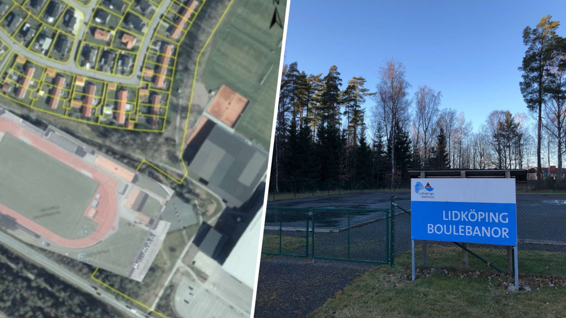 Till vänster i bild: en fiktiv kartbild över en friidrottsanläggning vid tennisbanan. På platsen finns i dag skog samt Lidköping boulebanor.