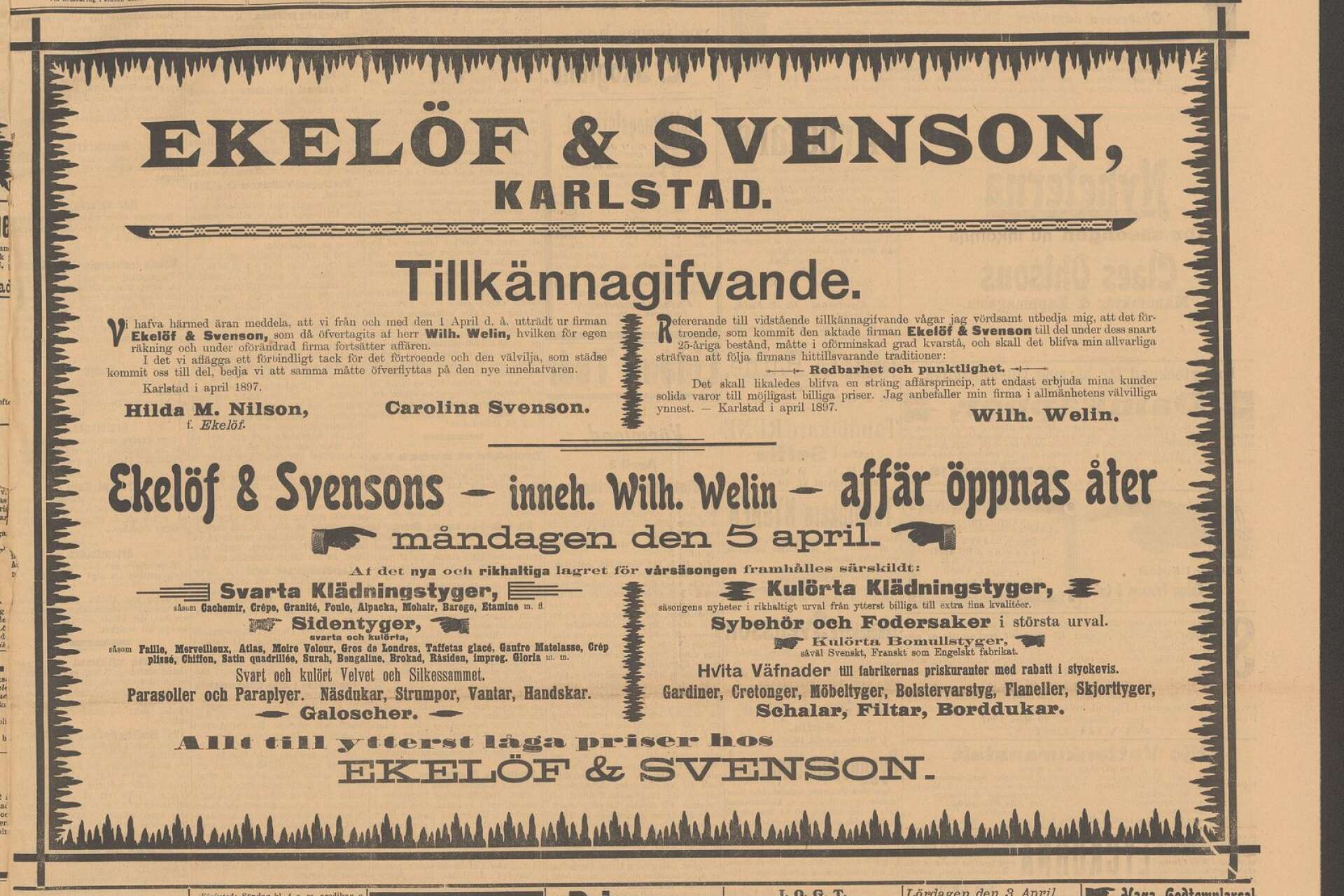 Annonsen på KT:s förstasida om att Wilhelm Welin återöppnar butiken 1897.
