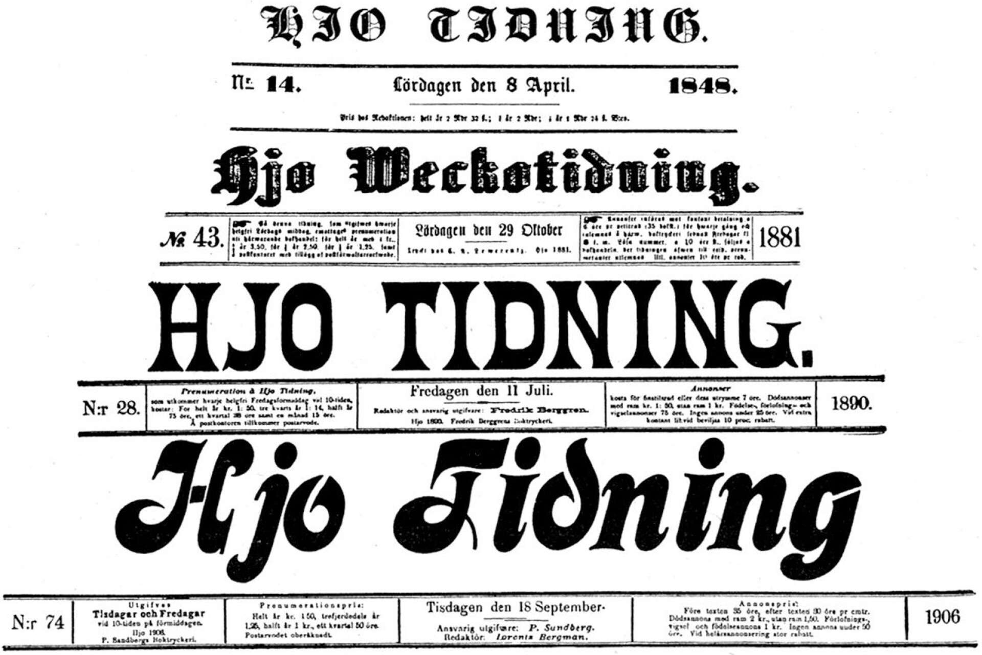 Hjo Tidning fyller 175 år och hade olika ägare och namn till en början. Bland annat Hjo Weckotidning innan man återtog ursprungsnamnet Hjo Tidning. Här exempel på några tidiga vinjetter.