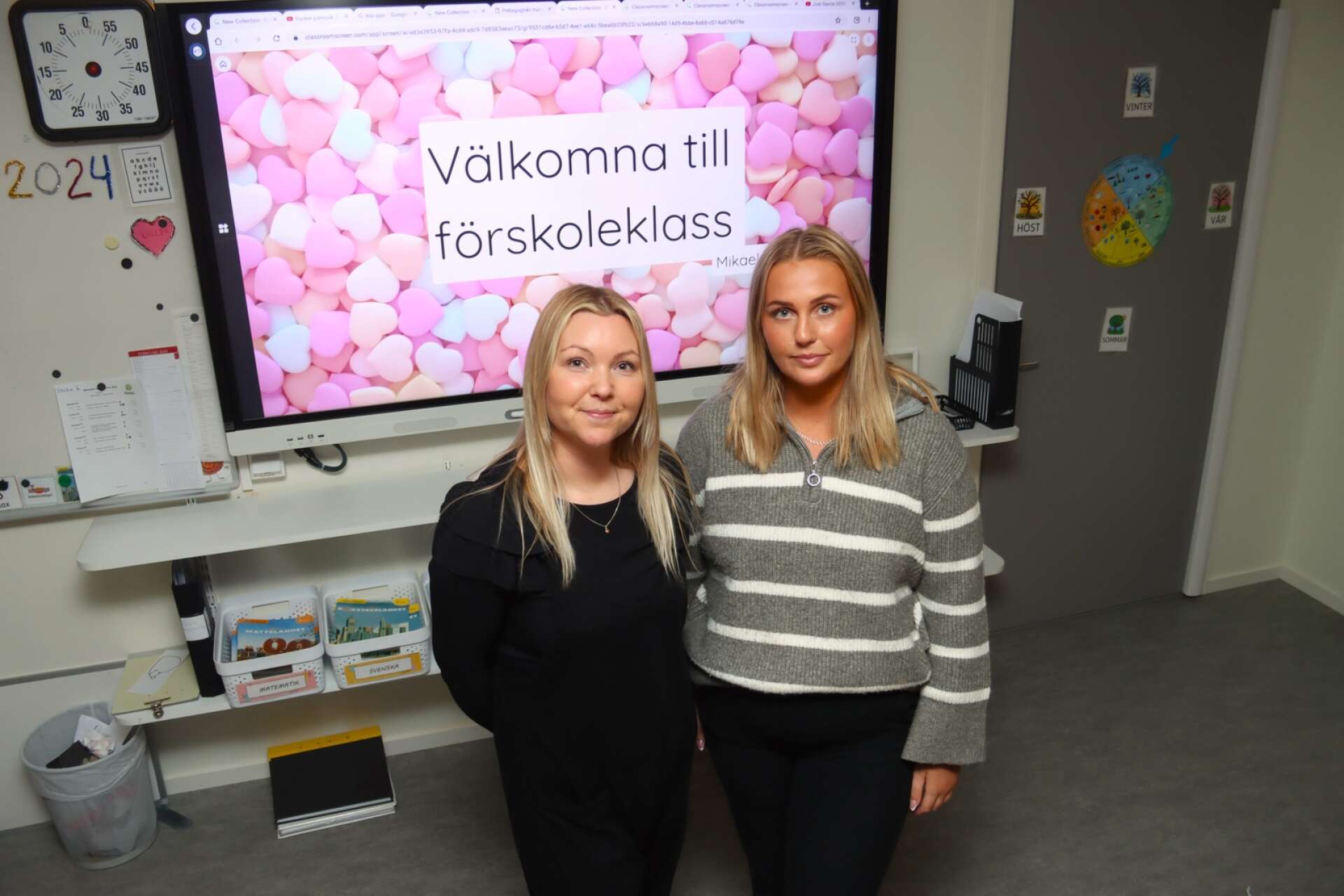 Mikaela Stenegren, lärare i förskoleklassen, och lärarstudenten Ida Öberg fick många besök under onsdagskvällen. 