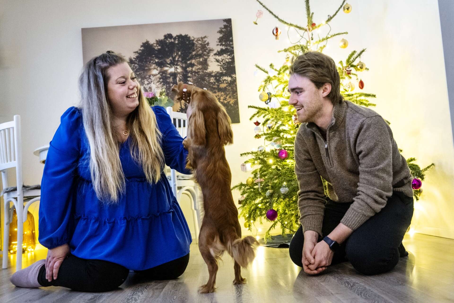 Josefine Ceasar och Markus Holmgren planerar för bröllop till sommaren och då kommer de 60 000 kronor som bland annat är ett av prisen  Queen Silvias nursing adward. Med på fotot är också hunden Greta 10 månader.