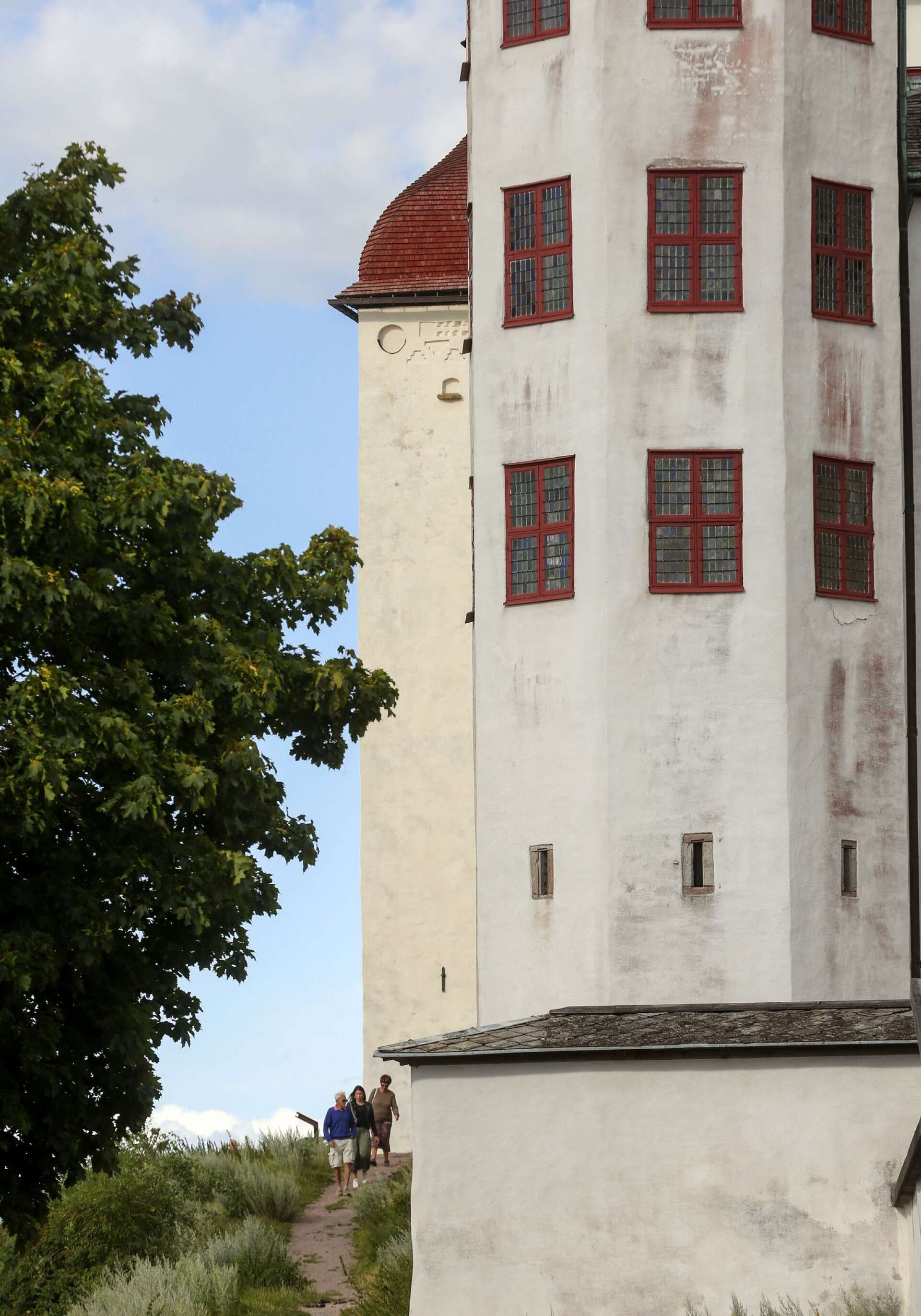 Den gultonade fasaden bakom ett av slottets främre vita torn bär puts som borstades dit för cirka 15 år sedan. Den är ett ungefärligt exempel på hur skillnaden i kulör kan komma att bli.
