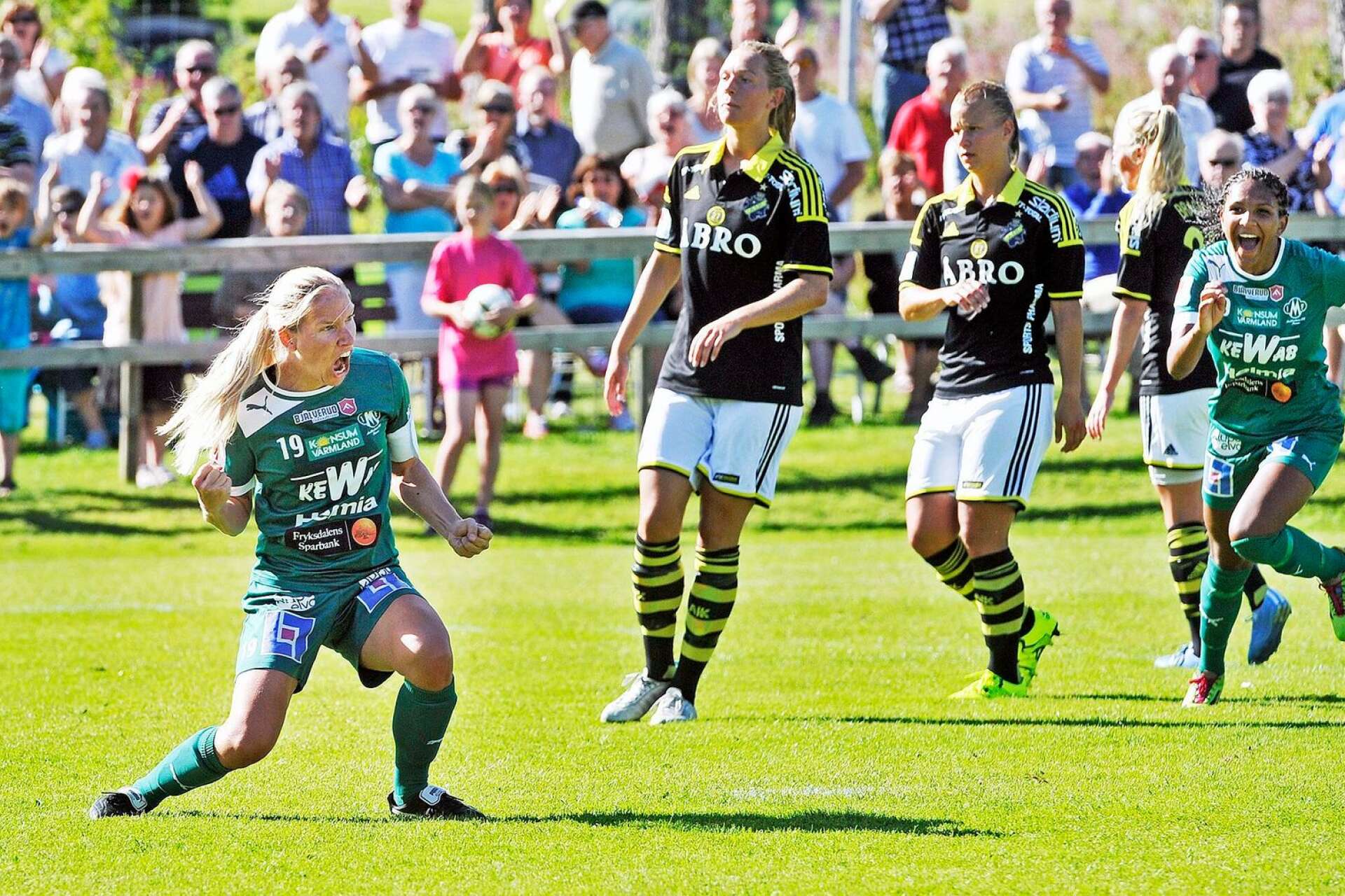 Frida Broström gjorde, trots sin defensiva utgångsposition som mittback, en hel del mål för Mallbacken. I stort sett alltid på straff eller hörna. Här firar hon ett mål mot AIK tillsammans med lagkamraten Madelen Janogy.
