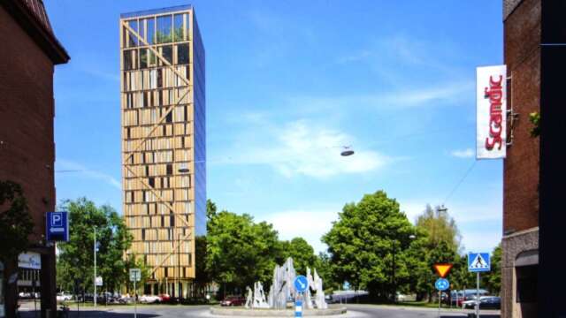 Det 100 meter höga trähotellet är tänkt att ligga bredvid Stadsbiblioteket i Karlstad. 