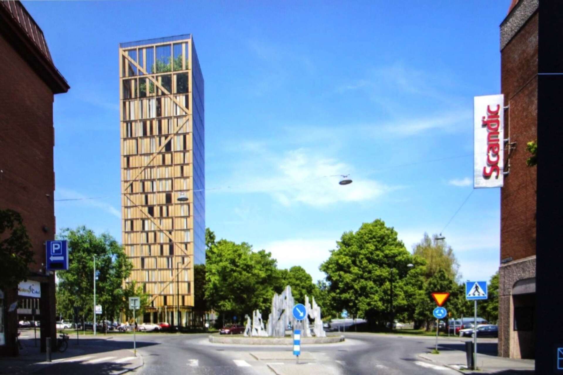 Det 100 meter höga trähotellet är tänkt att ligga bredvid Stadsbiblioteket i Karlstad. 