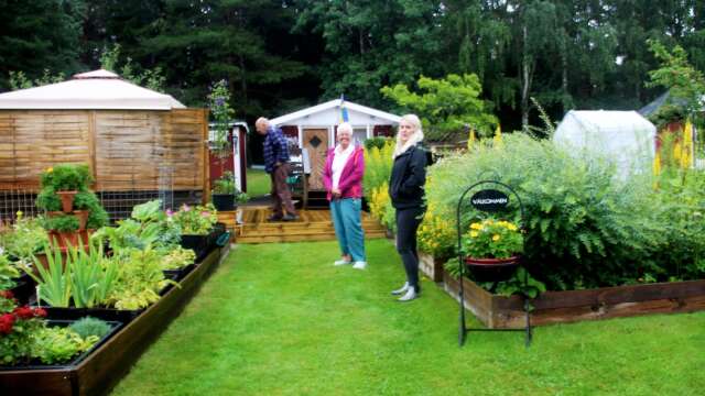 På bildens syns Kerstin och Lennarts stuga samt tillhörande mark med bra odlingsytor. I år har de utökat bygget med ytterligare ett trädäck och ett litet utomhuskök. 