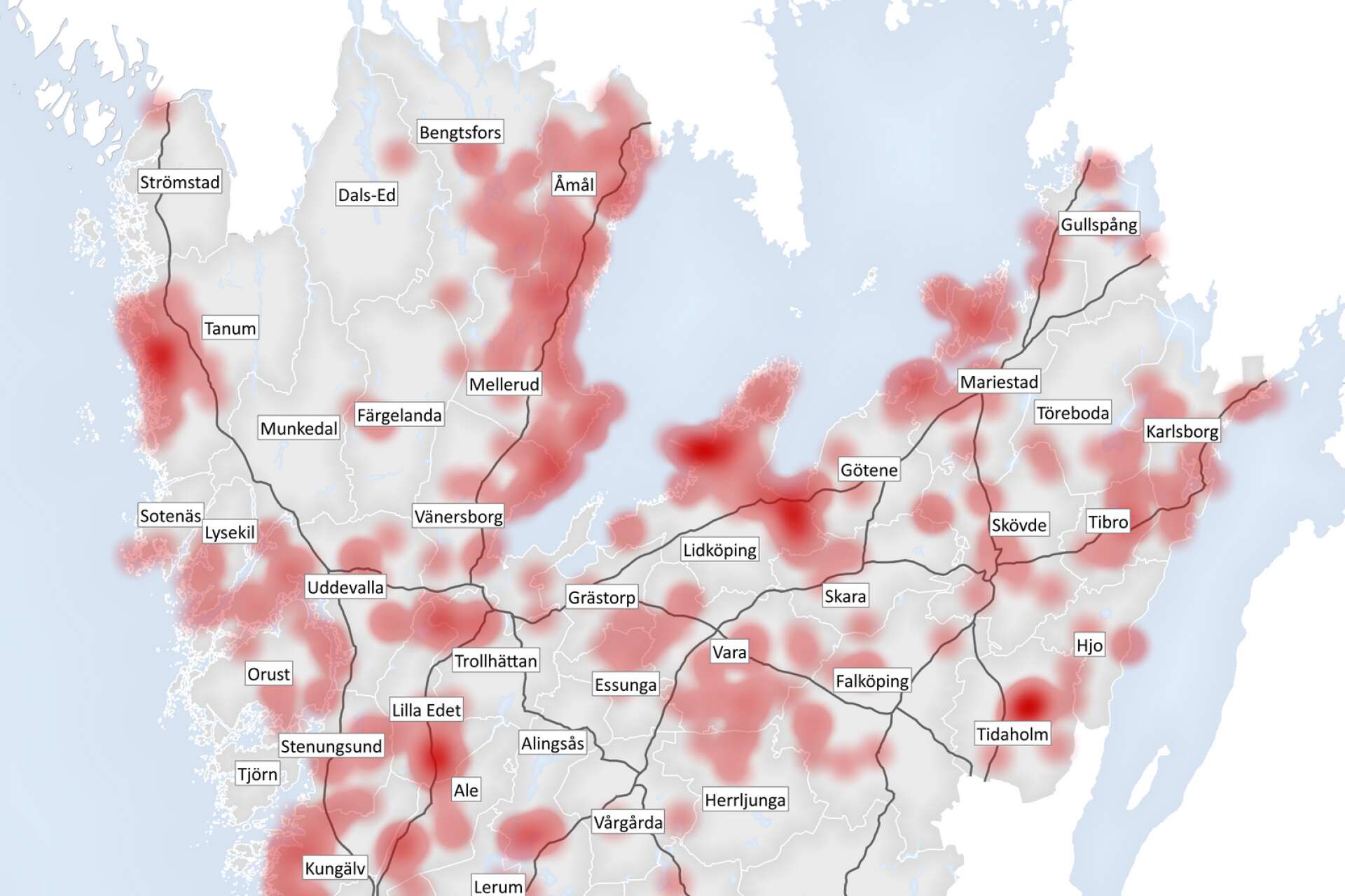 Kartan visar sannolik smittort i Västra Götaland under åren 1998–2022. De rödfärgade områdena anger område. Ju mörkare rött ju fler personer har sannolikt smittats i dessa områden. Karta: Smittskydd Västra Götaland