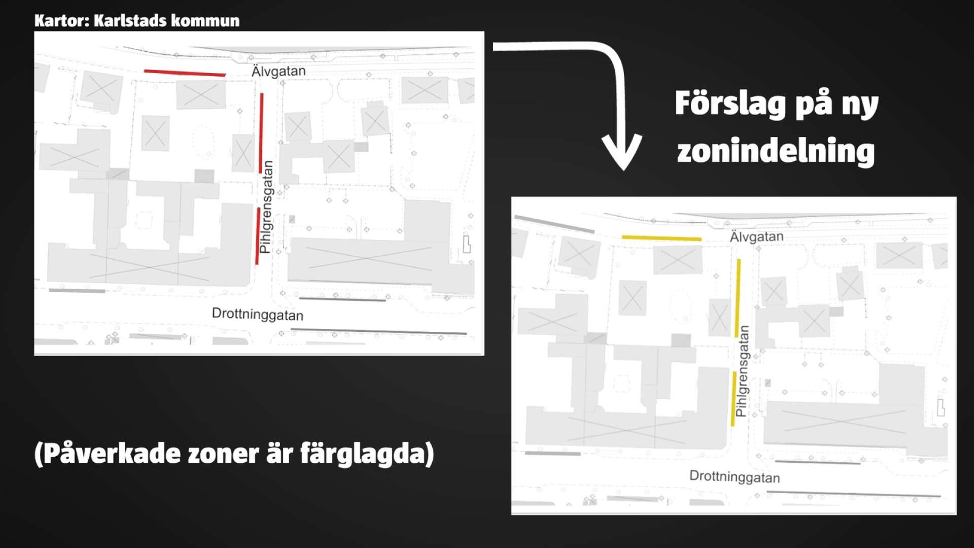 Pihlgrensgatan och del av Älvgatan ändrar färg, från röd till den billigare gula zonen. 