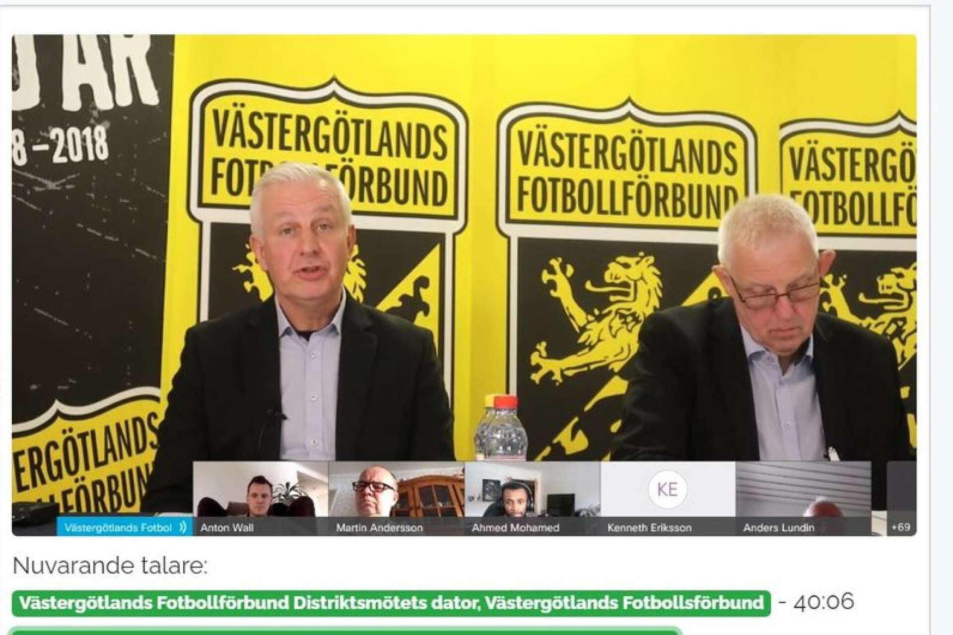 Västergötlands Fotbollförbunds distriktsmöte genomfördes digitalt för första gången. Skövdebon Manus Gunnarsson (till vänster) valdes om till ny ordförande i VFF.