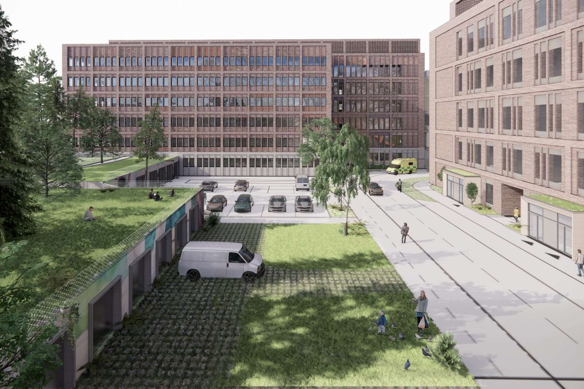 Så är det tänkt att mottagningshuset ska se ut när det färdigställs under 2026. Byggnaden placeras bakom Patienthotellet längs Rosenborgsgatan.