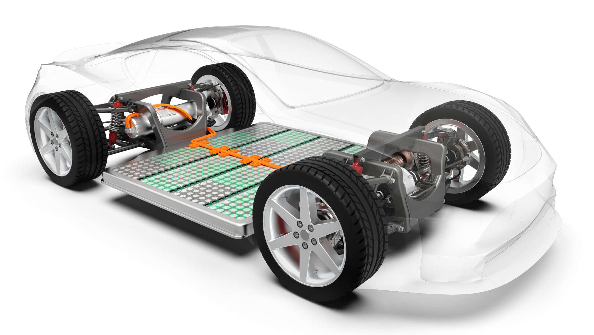 Högspänningsbatteriet ligger i ett skyddande tråg under fordonets golv. 
