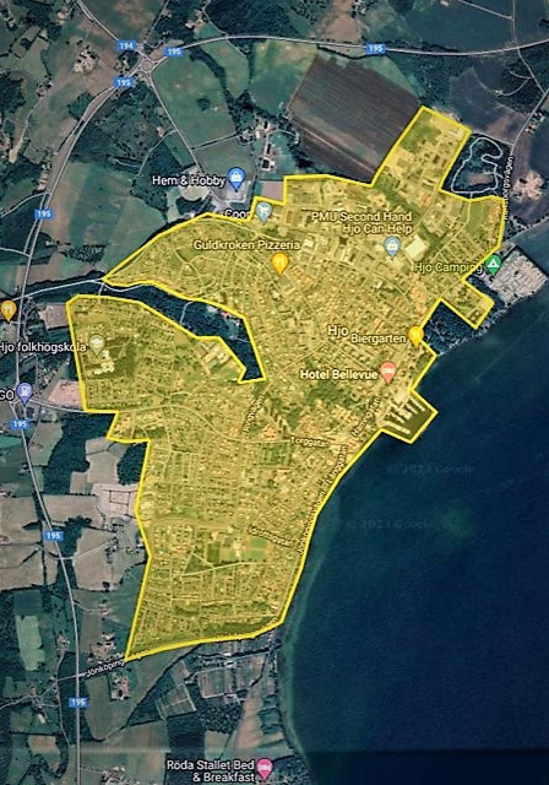 Drönare ska flyga över Hjo stad inom det markerade området för att uppdatera kommunens kartmaterial. 