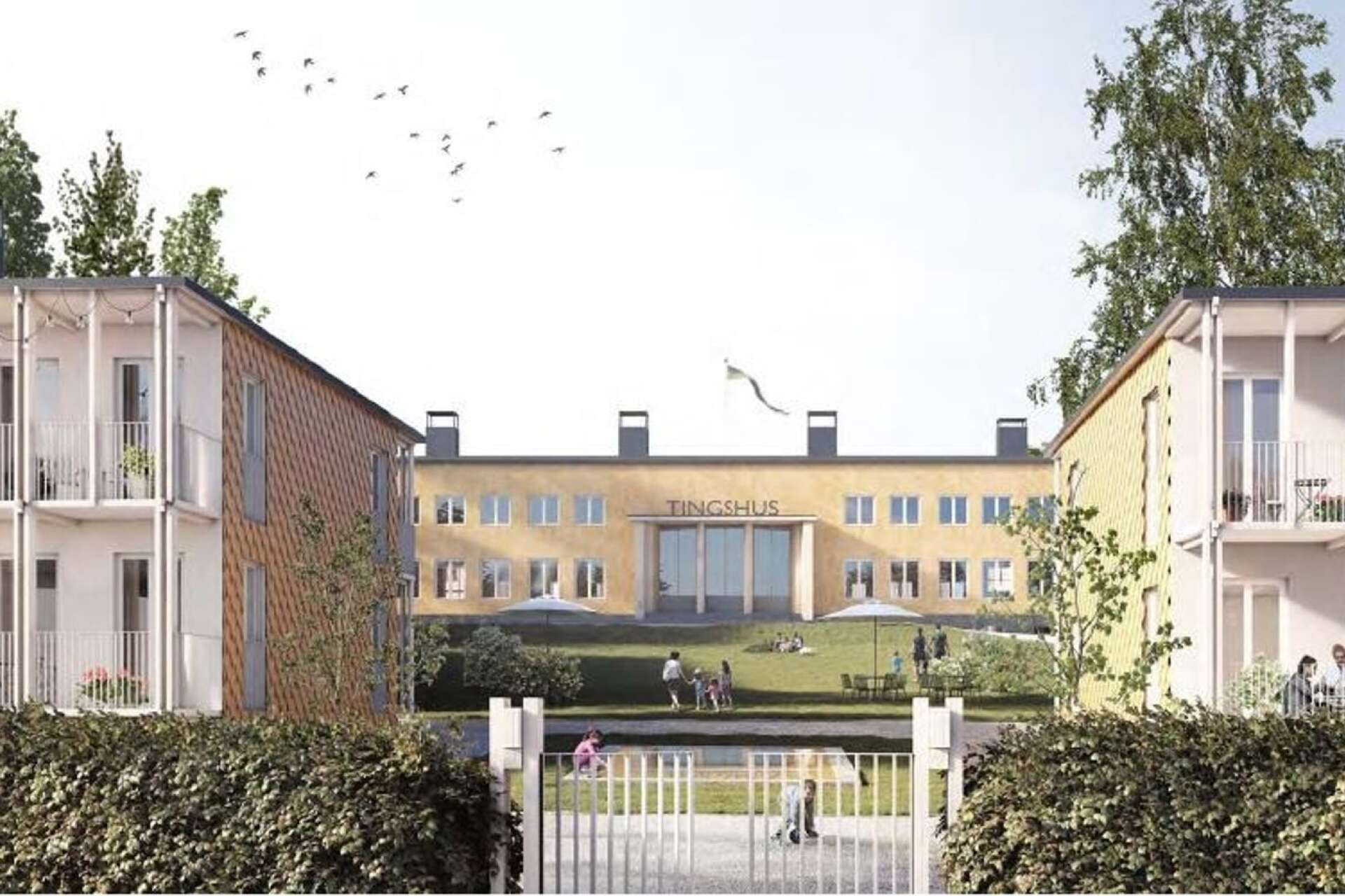 Så här ser Oxenborgen Fastigheters senaste förslag för Tingshuset ut, sett från Ekebyvägen.
