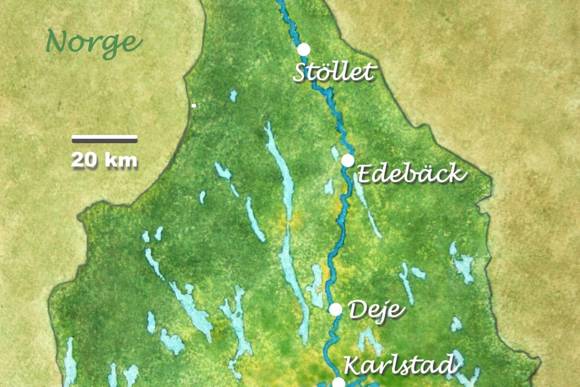 Romanen följer vattnets väg genom Värmland. Karta ur Ingrid Fernlöfs bok.