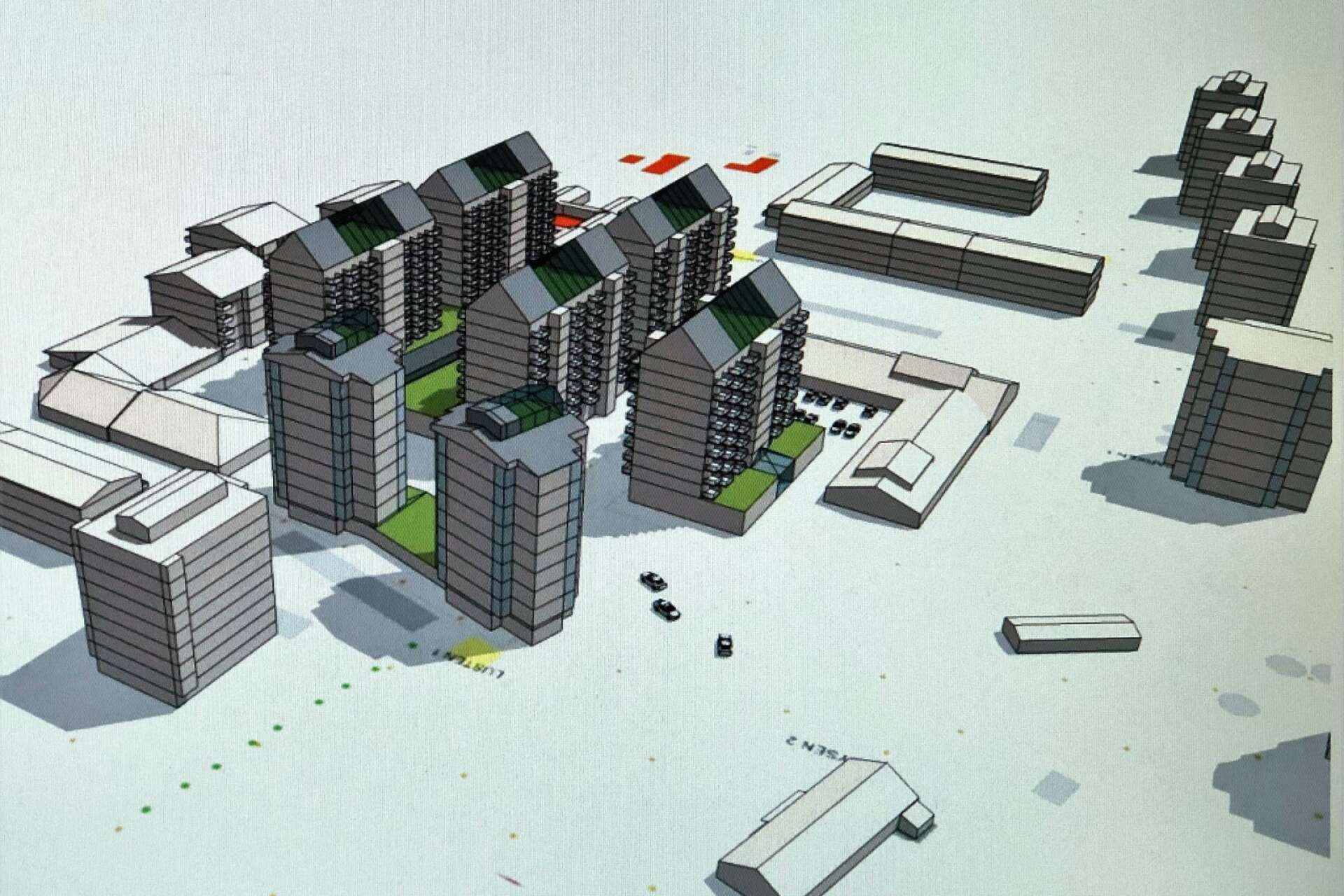 Så här skulle en utbyggnad av Ruds centrum kunna se ut med cirka 350 nya bostäder. I planerna ingår även en ny butiksgalleria.