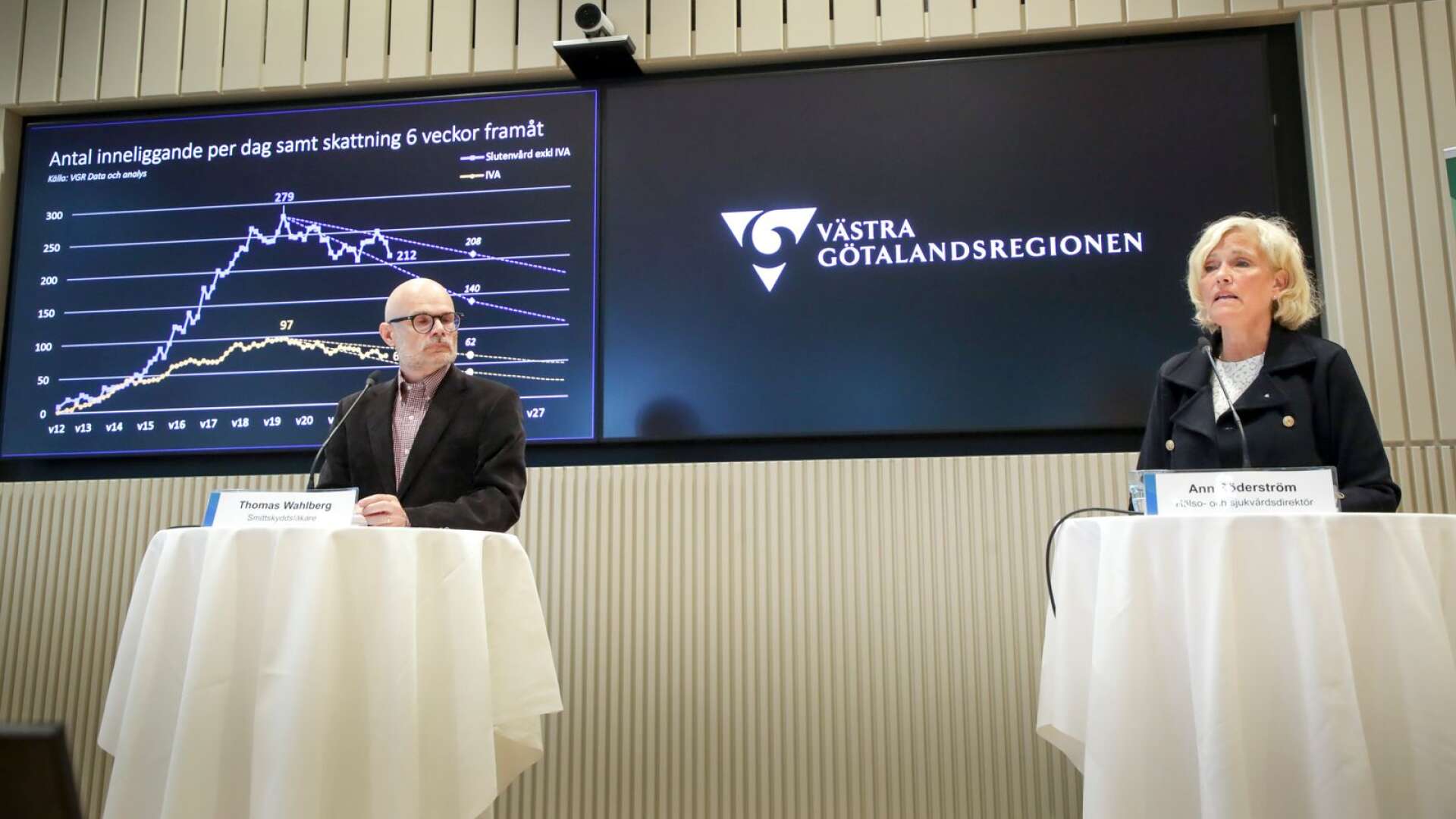 Thomas Wahlberg, smittskyddsläkare och Ann Söderström, hälso- och sjukvårdsdirektör, under en tidigare pressträff.