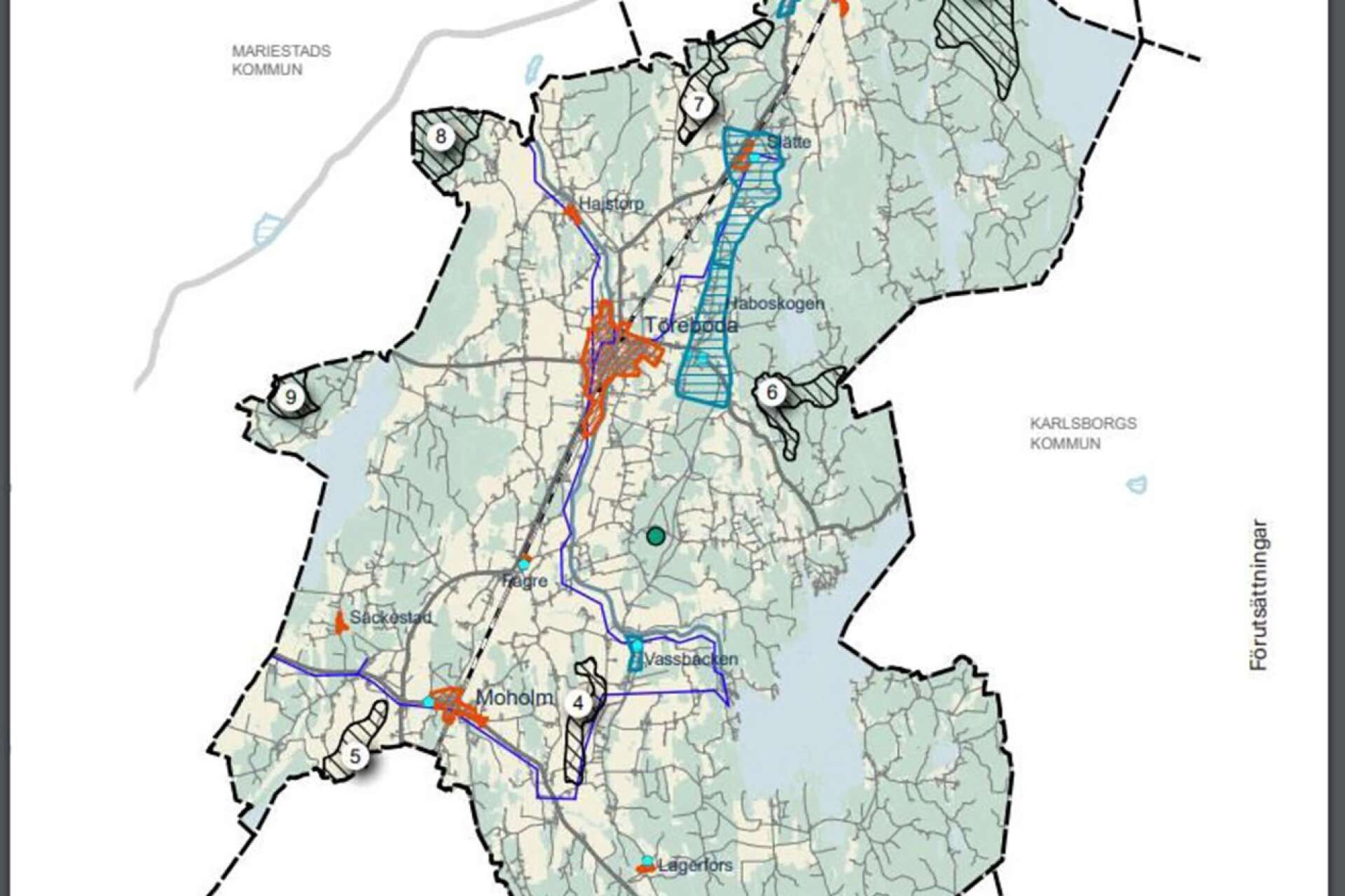 Det utpekade området i Slätte har nummer 7 på kartan över kommunens vindbruksplan, på gränsen till Gullspångs kommun. Bilden har hämtats från översiktsplanen. 