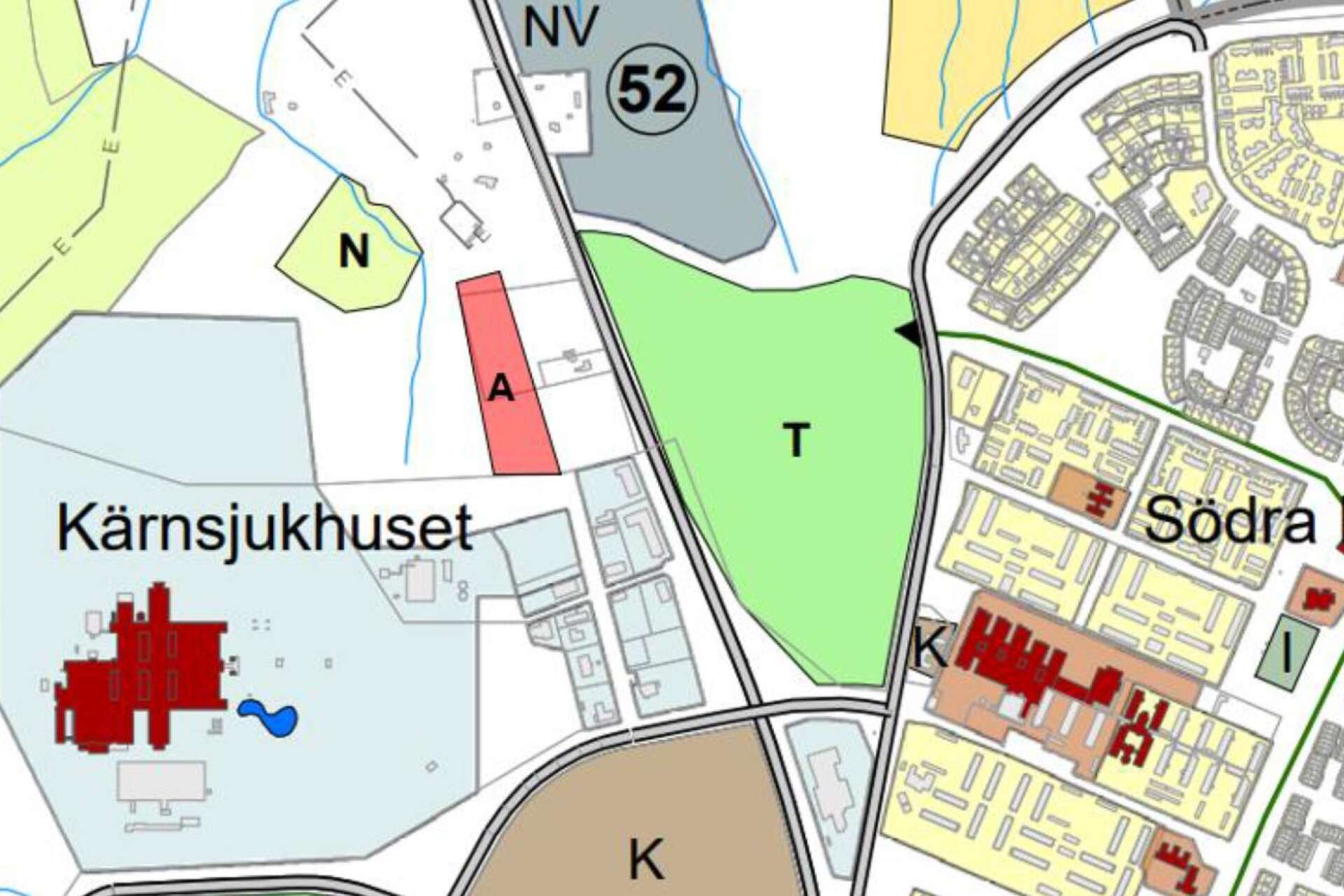 Den tänkta lokaliseringen av Skanskas asfaltverk är markerat rött och med ett A.