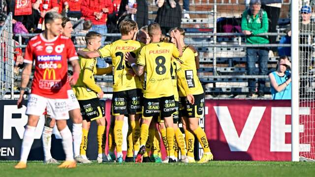 Elfsborgs tvåmålsskytt Sveinn Gudjohnsen jublar med lagkompisarna medan det blev en deppig lördag för Degerfors. 