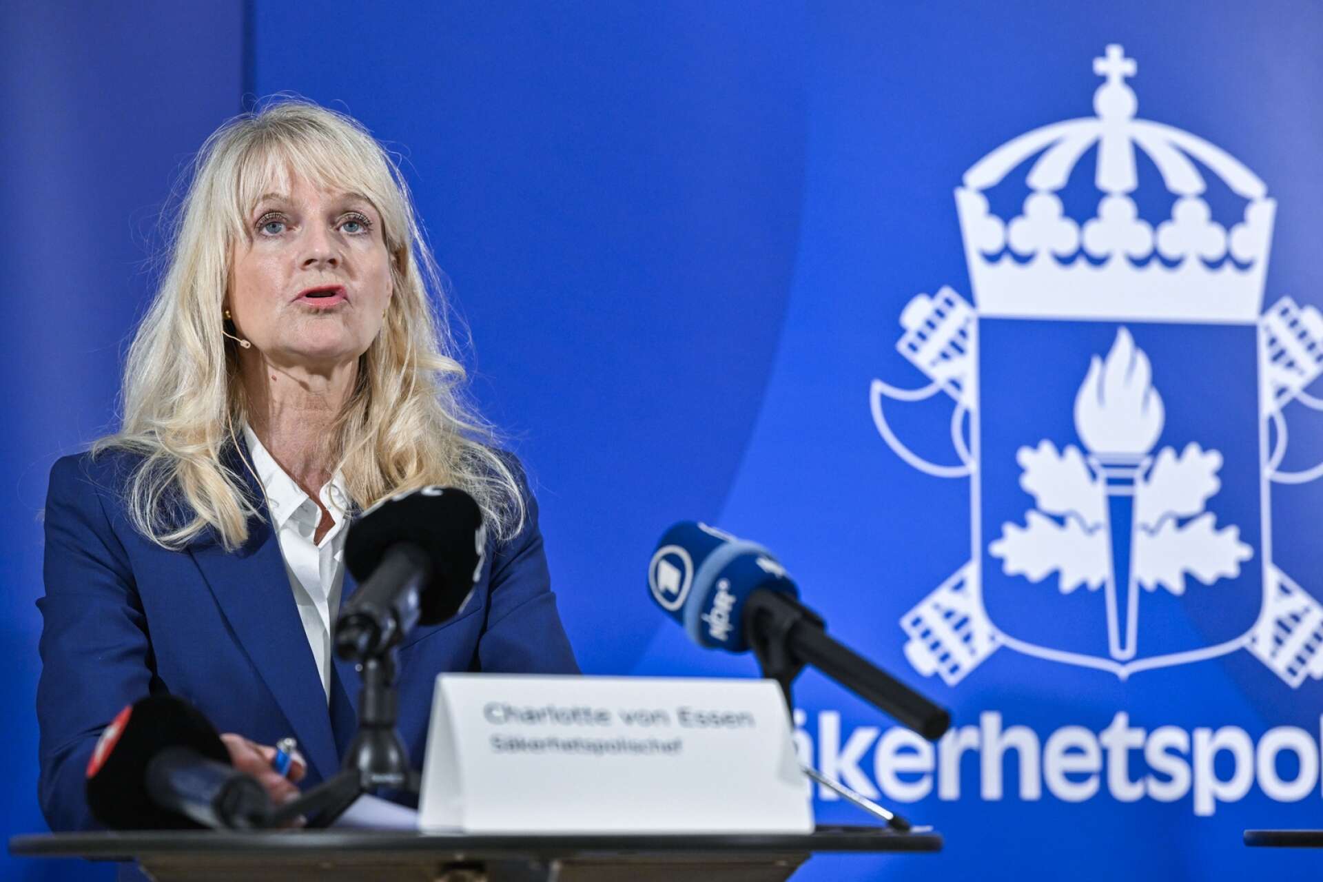 Säkerhetspolischef Charlotte von Essen vid en pressträff hos Säkerhetspolisen med anledning av det försämrade säkerhetsläget i Sverige.