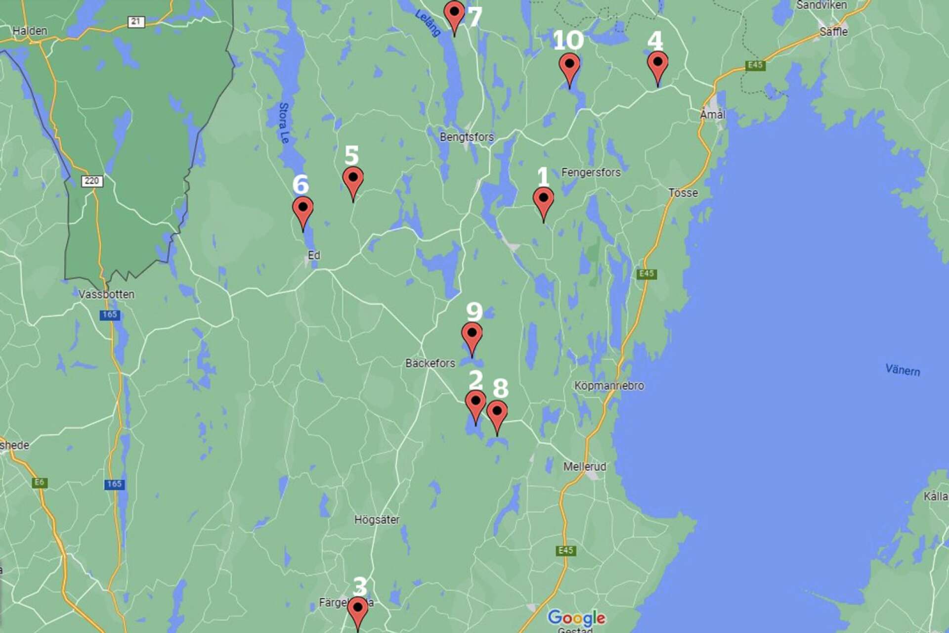 Karta över Krister Kronlinds tio bästa badplatser, utmärkta med nummer enligt listan nedan.