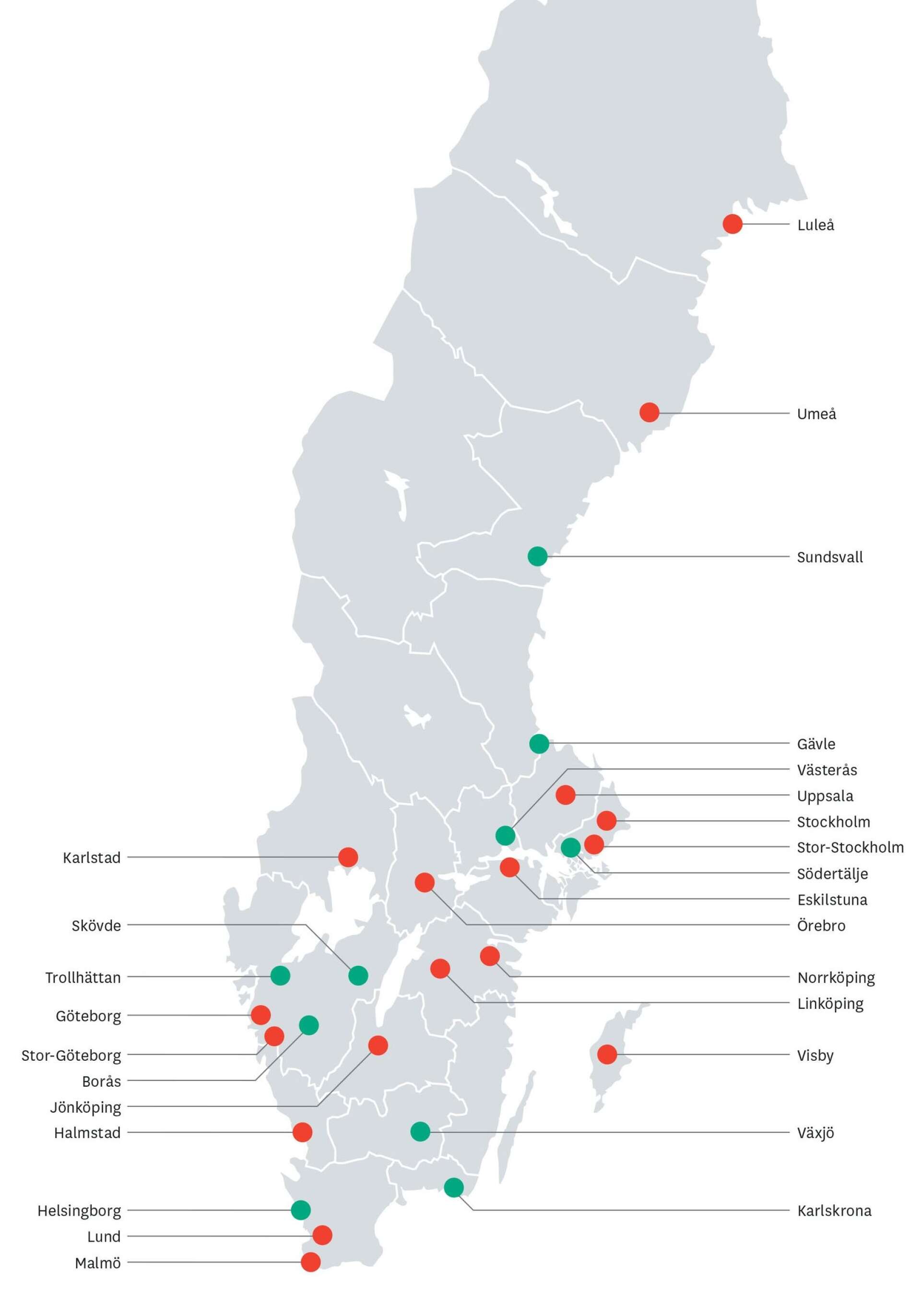 Karlstad är, tillsammans med Luleå, Eskilstuna och Norrköping, de städer som från rapporten 2019 skiftat från grönt till rött. Växjö och Södertälje har i sin tur gått från rött till grönt.