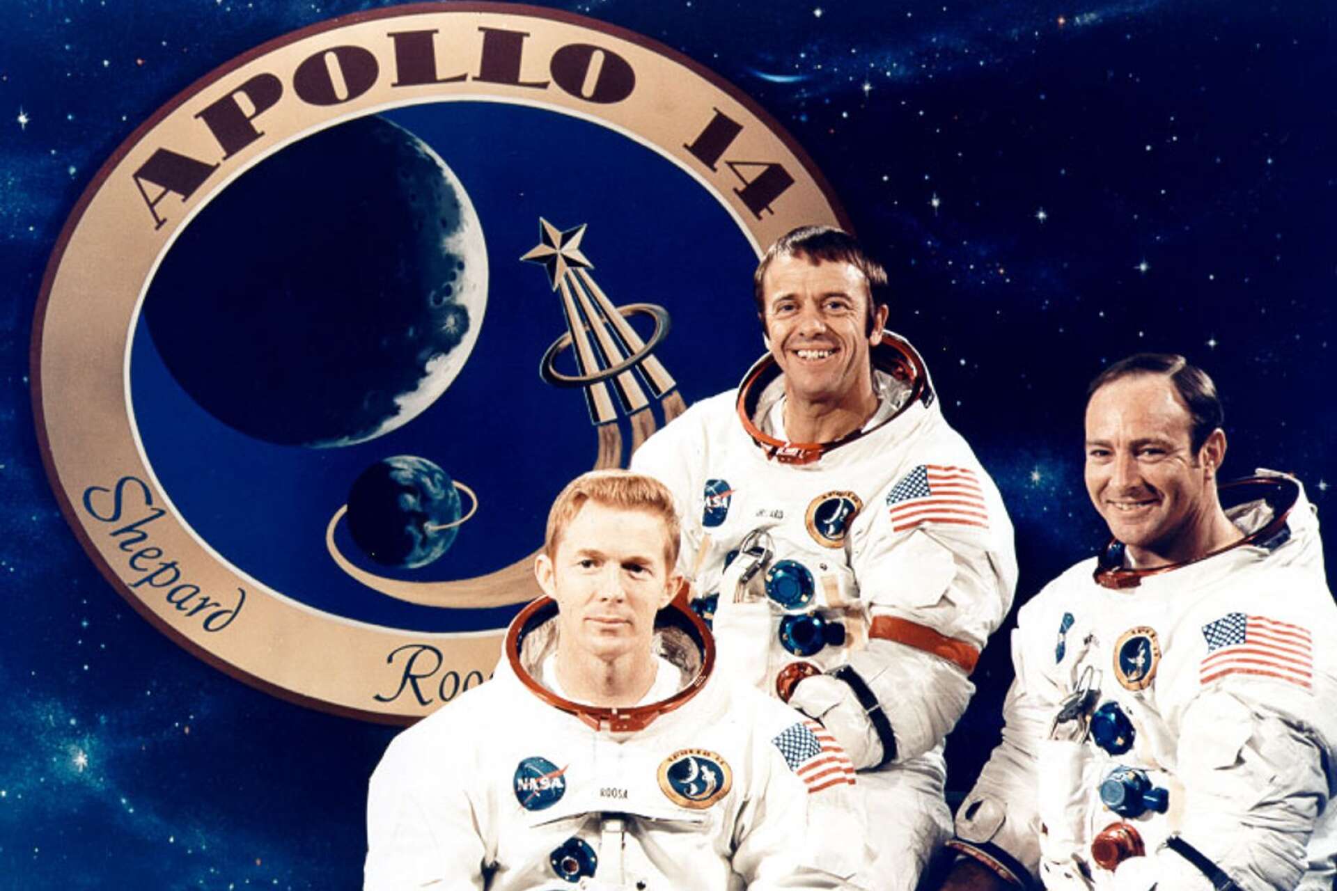 Apollo 14-astronauterna Stuart Roosa, Alan Shepard och Edgar Mitchell.