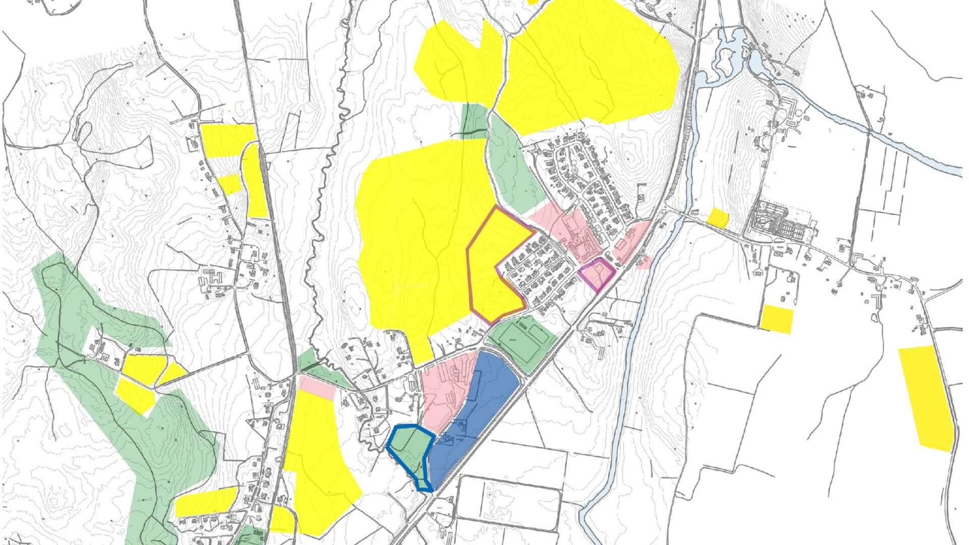 De gula områdena representerar platser som enligt kommunen lämpar sig för nya bostäder. Det rosa, inramade området är Vallargärdets centrum där Ica-butiken ligger.