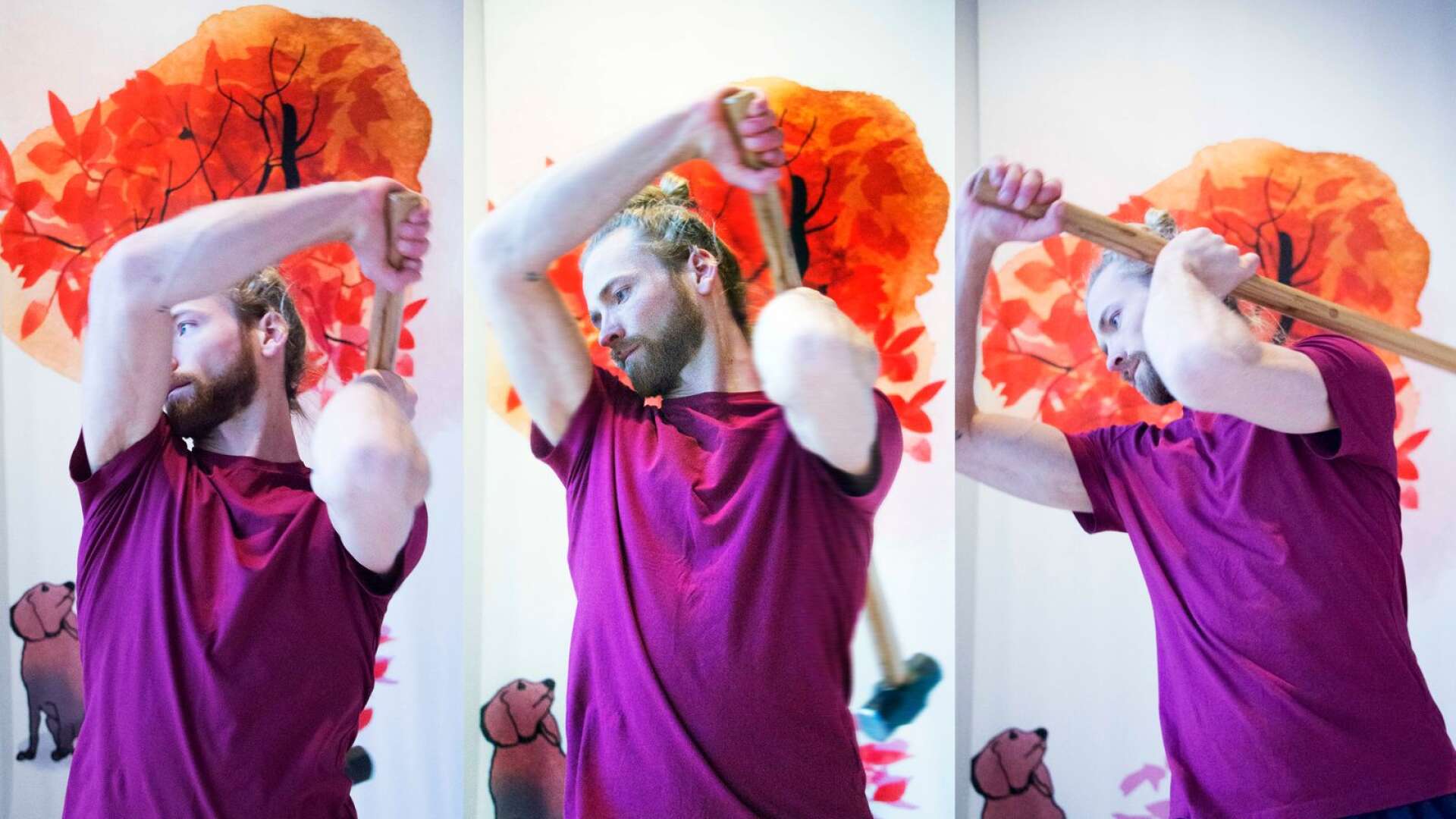 Erik Eriksson från Karlstad använder en slägga i sin dans. Han är en av 14 danskonstnärer som deltar i storsatsningen ”Room X” på Värmlands museum i helgen.