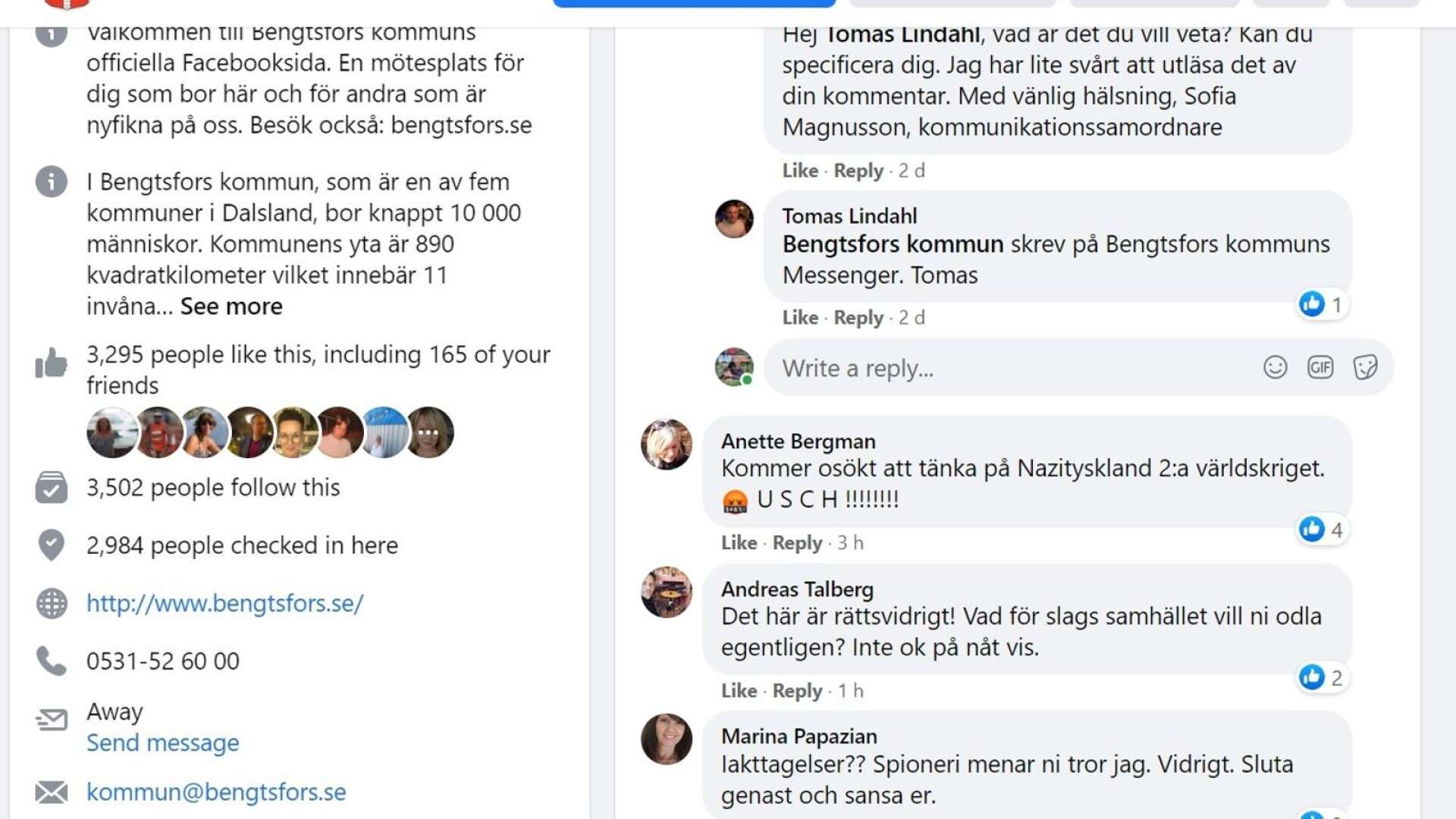 Några exempel på kommentarer på Bengtsfors kommuns Facebook-sida.