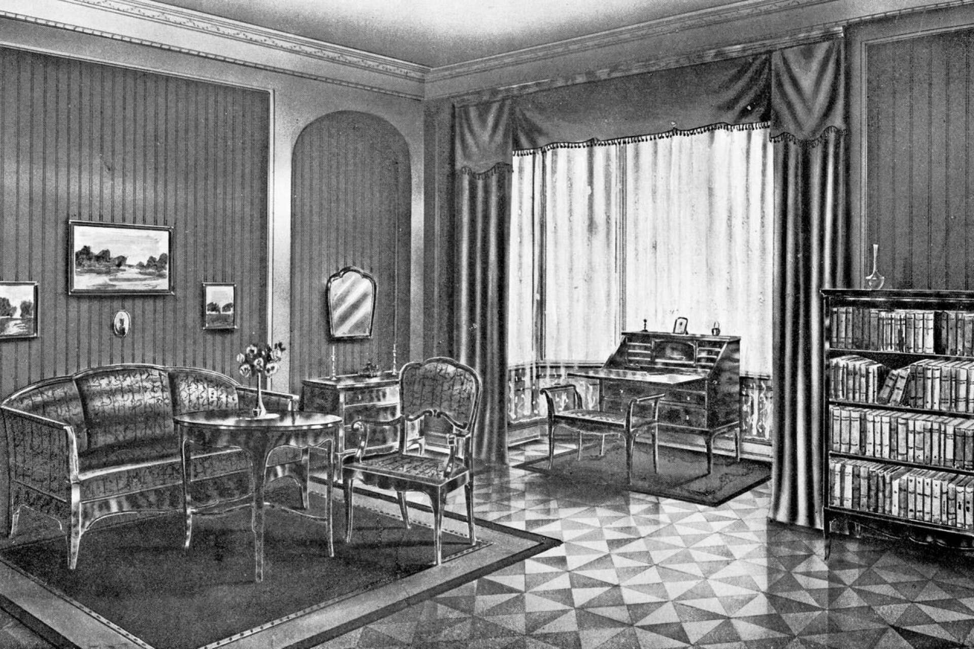 Möbelkatalogen från Bröderna Jakobsson 1932 innehöll ett brett utbud av bland annat stilmöbler. Denna illustration lockade med exklusivare möbler till ett påkostat hem.