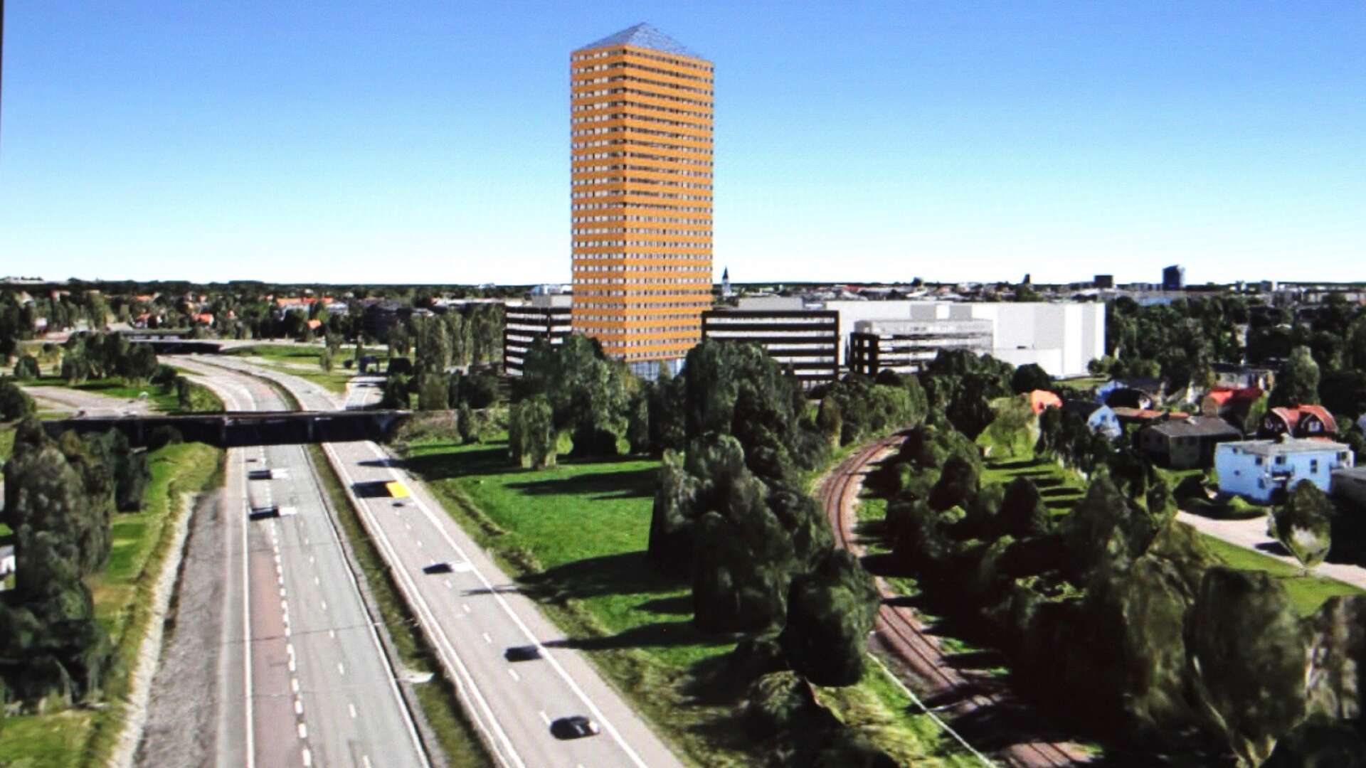 Ungefär så här tänker sig Karlstadsbolaget PE invest att ett nytt 70-100 meter högt höghus på Fanfaren kan se ut. Planen är att det även ska innehålla kontorslokaler, bostäder och restauranger. Även Peab ingår i den pågående markanvisningstävlingen för Fanfaren.