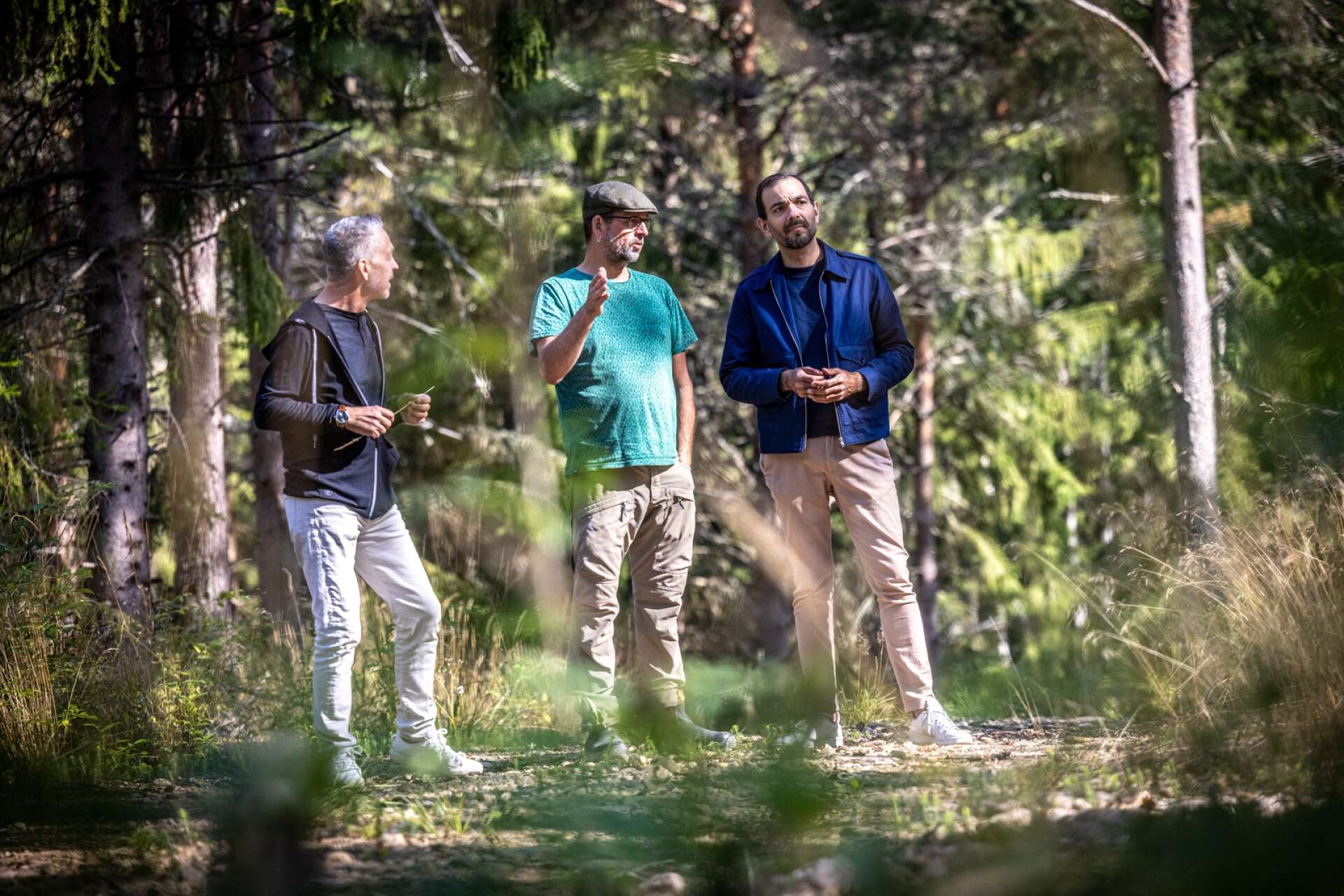 De värmländska riksdagsledamöterna Lars Mejern Larsson (S), till vänster, och Arman Teimouri (L), till höger, under ett besök i Anders Bengtssons skogar för ett samtal om lagar och regler kring avverkning.