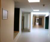 En lätt välvd korridor är en av akustikåtgärderna i den nybyggda skolan.