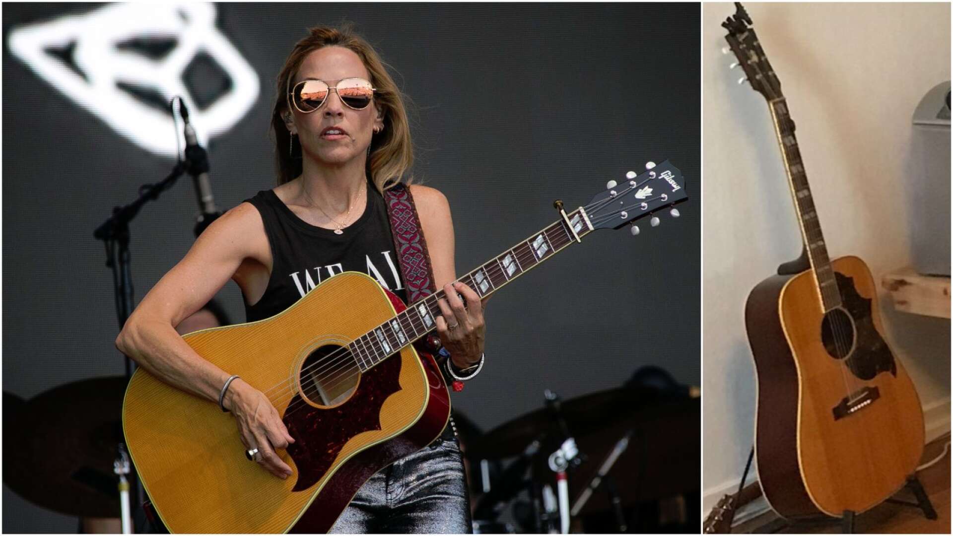 Vid inbrottet i Likenäs stals en unik Gibsongitarr signerad av Sheryl Crow. Till vänster rockstjärnan under en spelning 2019 med en gitarr av samma modell. Till höger den stulna gitarren.