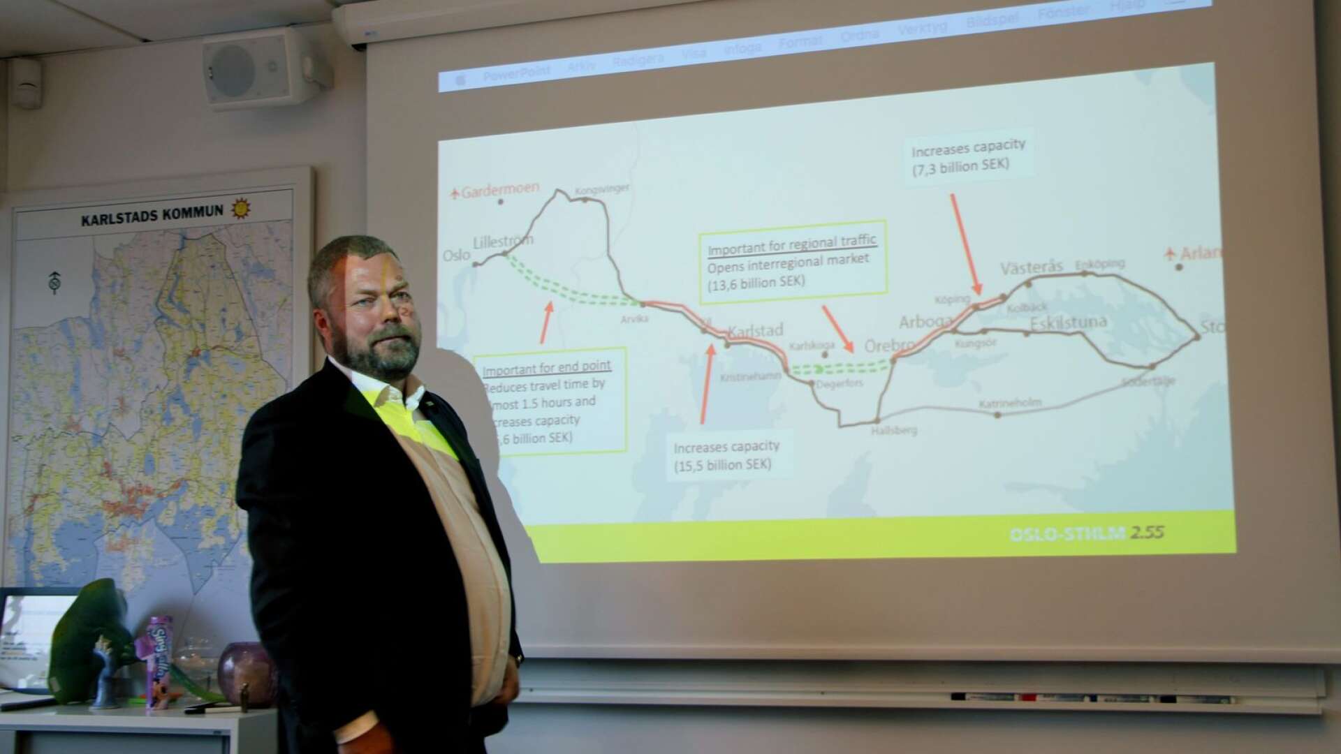 Jonas Karlsson, vd för Oslo-Stockholm 2.55 är mycket nöjd med att den norska infrastrukturministern Knut Arild Hareide ser stora möjligheter med den tilltänkta snabbtåglinjen mellan Oslo och Stockholm.